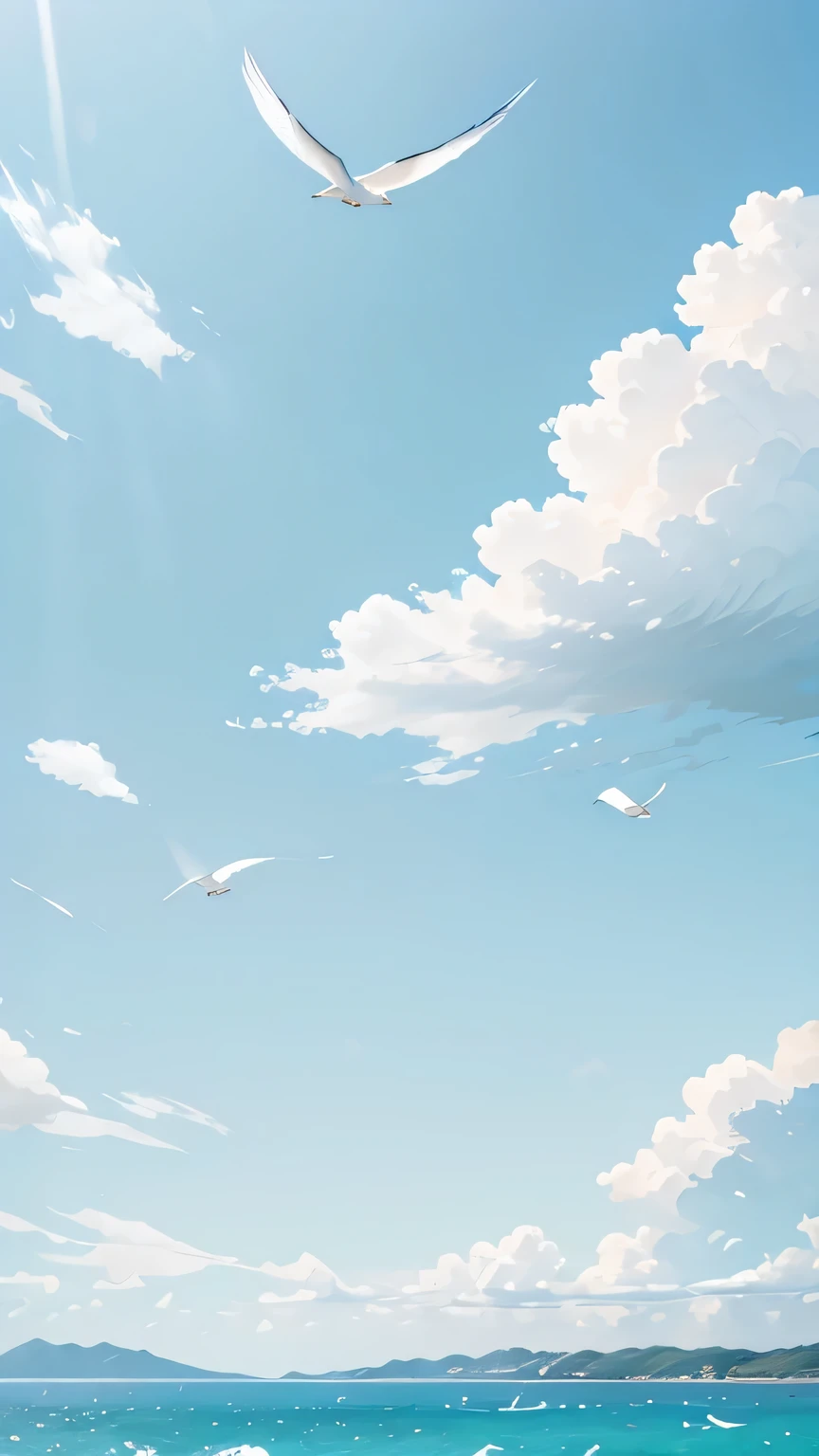 Light blue sky，Blossoming white clouds，Seagulls fly over the sea，vast sea，Ultra-Wide Angle, Fujicolor，Hand drawn illustration style