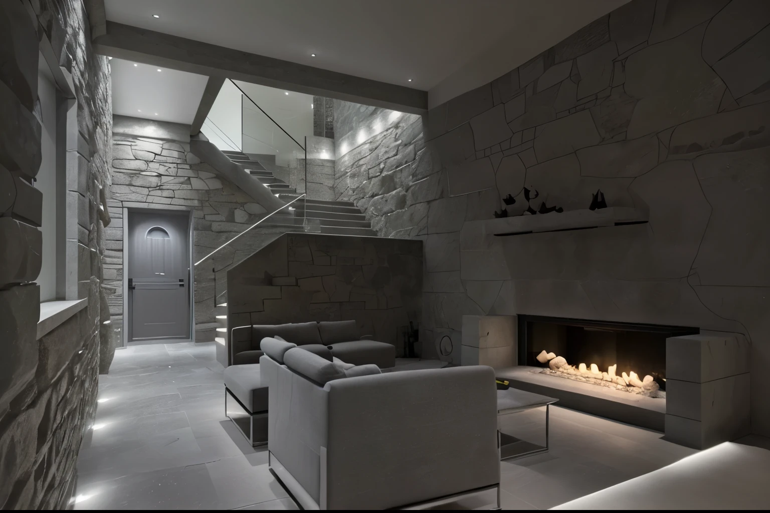 Modern living room, gray interior, stone walls, stone stairs, minimalist space, Pixar, glowing light, best quality, high quality
