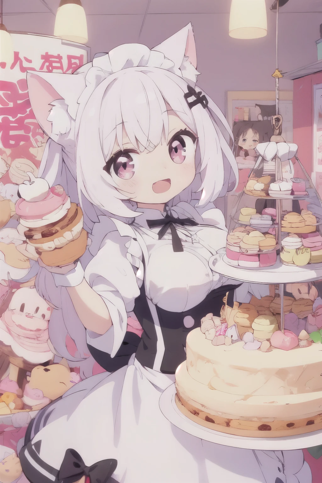 white hair,straight hair,light pink eyes,cat girl,Big breasts,White cat ears,open mouth,Smile, Multiple colors of hair, sweet maid, random cute faces, 超级幸福的Smile, open mouth, group picture, Zoom camera, Sweet tea , Lots of cakes, Macaron, chocolate, perfect, biscuit, land of candy