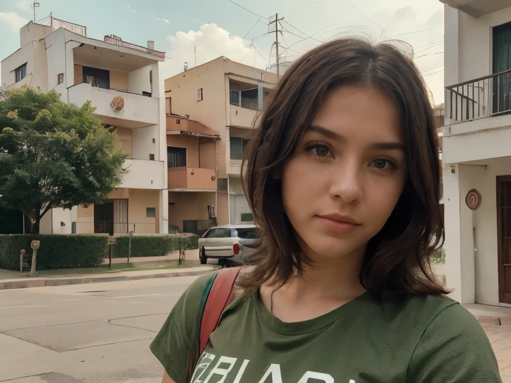 Mujer joven, caucasian, 25 years, ((cabello corto)), copper chestnut, ojos verdes, con camiseta roja y shorts de mezclilla, apreciando los edificios al fondo, de espaldas,