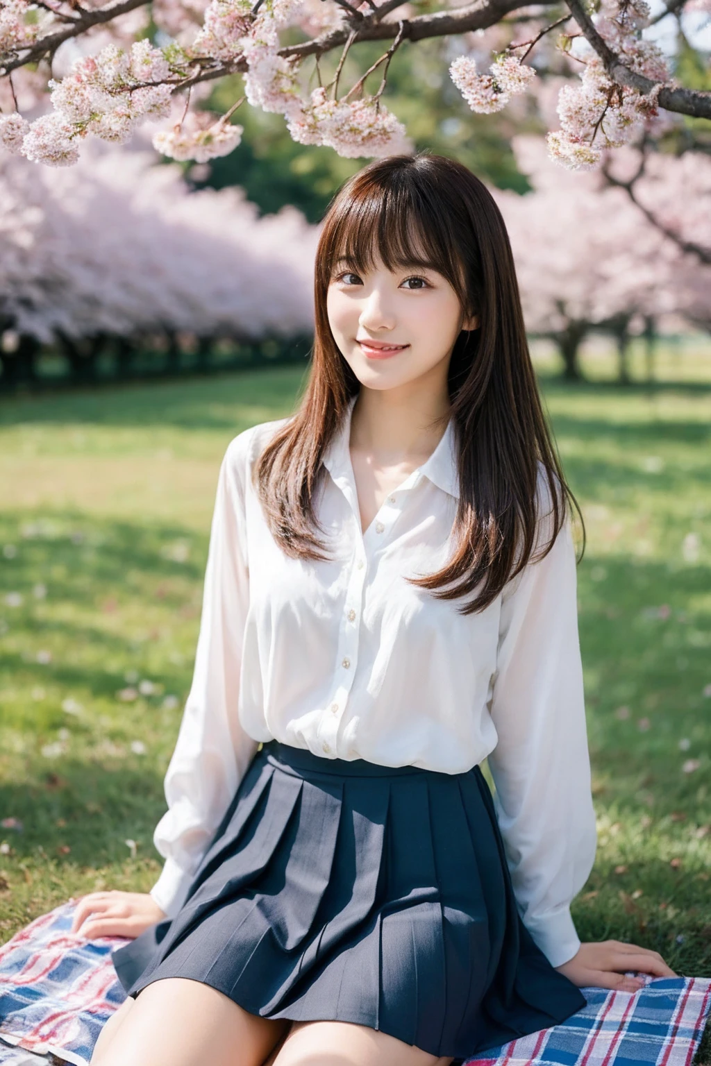 NSFW,8K、highest quality、masterpiece、超A high resolution、photograph、The elegance of beautiful Japanese women、Single-lens reflex camera、There are some good ones too、A transparent atmosphere、sexy lip、slanted bangs、beautiful face、medium long hair、make bangs、shy、natural soft light、22 year old girl wearing a suit、wear a skirt、bank、Cherry tree,sitting on a picnic sheet,legs open,