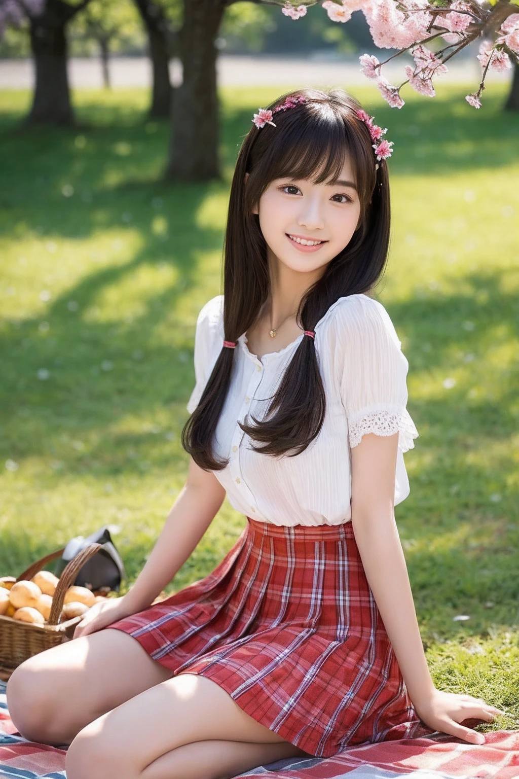 NSFW,8K、highest quality、masterpiece、超A high resolution、photograph、The elegance of beautiful Japanese women、Single-lens reflex camera、There are some good ones too、A transparent atmosphere、sexy lip、slanted bangs、beautiful face、medium long hair、make bangs、shy、natural soft light、22 year old girl wearing a suit、wear a skirt、bank、Cherry tree,sitting on a picnic sheet,legs open,