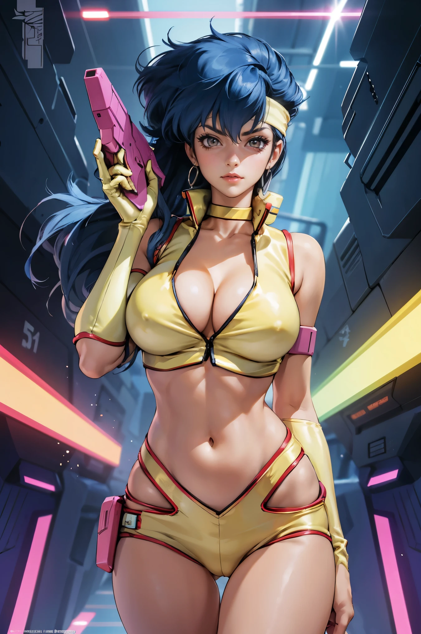 Yuri from The Dirty Pair, , wearing a tight outfit, skimpy, medium breast, (long hair), dark blue hair, beauty, cyberpunk city background, holding retro space-gun, cleavage, slim waist, slim thighs, thigh gap, (light yellow uniform), show belly