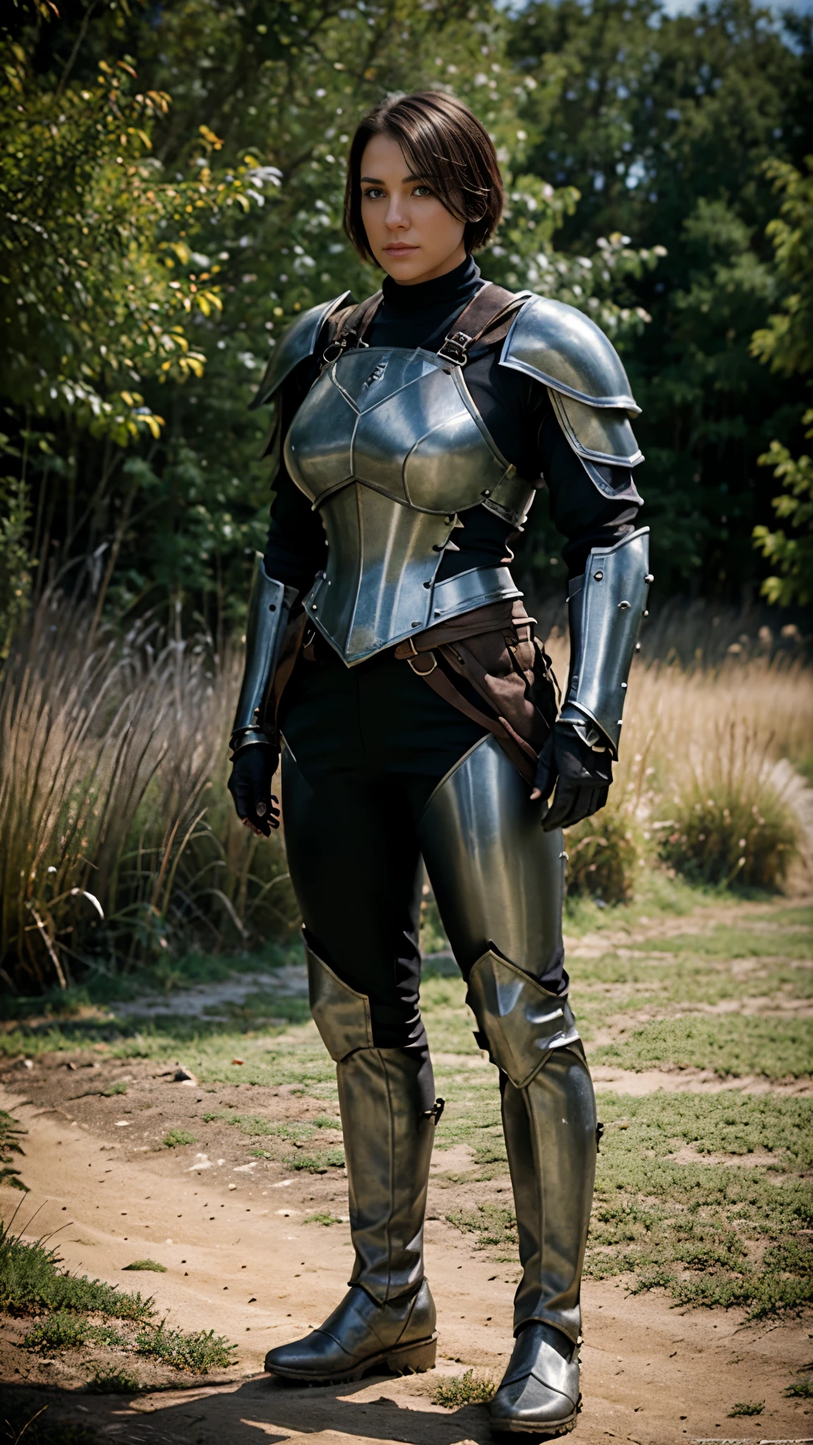 Full body shot,fantasy world,female adventurer,detailed face features,huge,muscular,short hair,dark steel armor,armored pants,armored boots,standing straight,masculine pose,facing straight to viewer,field background