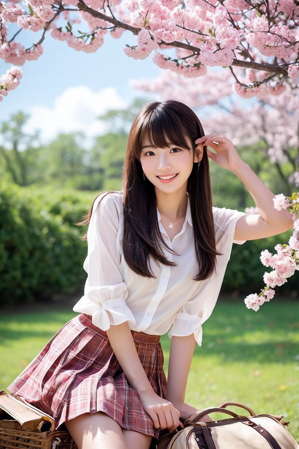 NSFW,8K、highest quality、masterpiece、超A high resolution、photograph、The elegance of beautiful Japanese women、Single-lens reflex camera、There are some good ones too、A transparent atmosphere、sexy lip、slanted bangs、beautiful face、medium long hair、make bangs、shy、natural soft light、22 year old girl wearing a suit、wear a skirt、bank、Cherry tree,sitting on a picnic sheet,legs open,