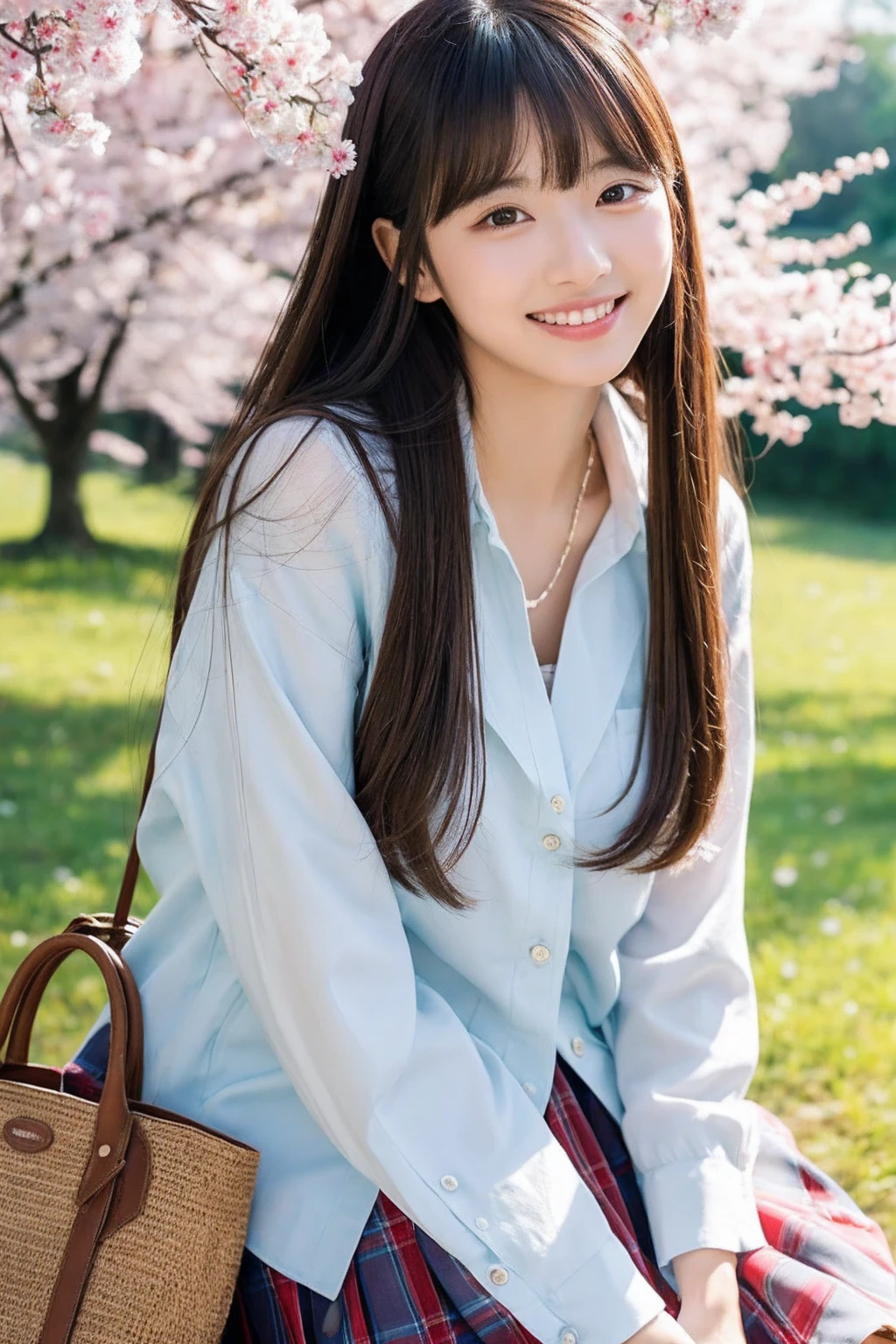 NSFW,8K、highest quality、masterpiece、超A high resolution、photograph、The elegance of beautiful Japanese women、Single-lens reflex camera、There are some good ones too、A transparent atmosphere、sexy lip、slanted bangs、beautiful face、medium long hair、make bangs、shy、natural soft light、22 year old girl wearing a suit、wear a skirt、bank、Cherry tree,sitting on a picnic sheet,legs open,
