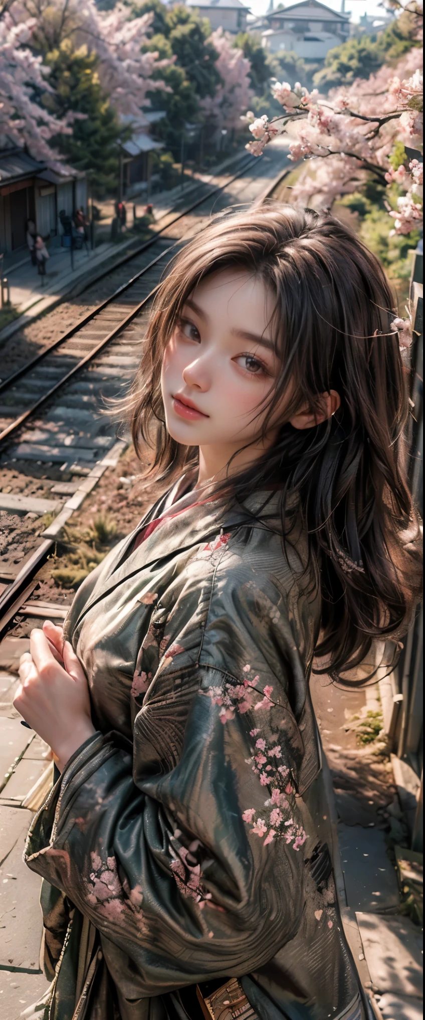 ((masterpiece, highest quality, Highest image quality, High resolution, photorealistic, Raw photo, 8K)), Spring Morning, In a rural Japanese town, students head for the train station along a road lined with cherry blossom trees, (View from above:1.3),