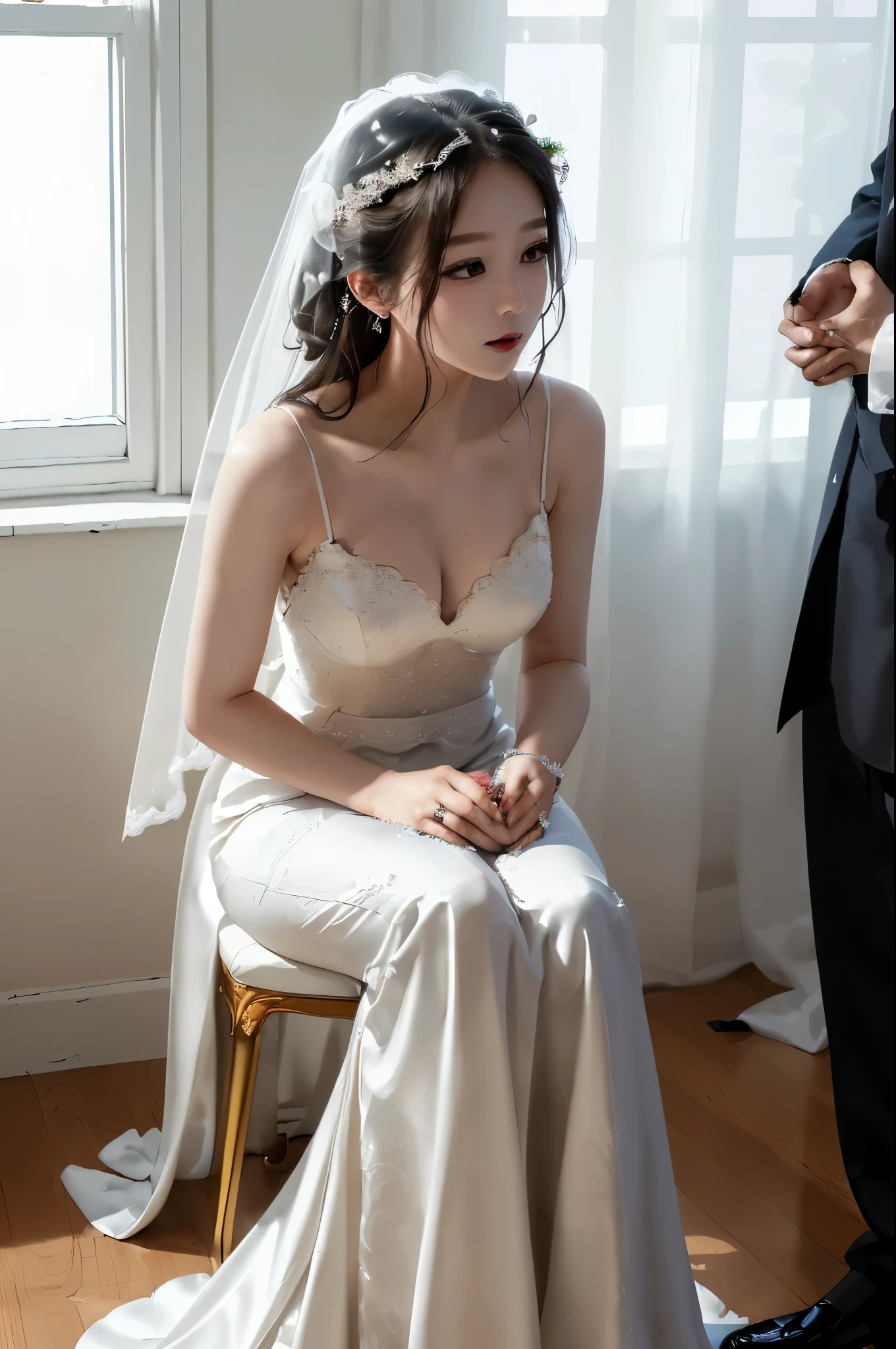 ((best quality)), ((masterpiece)), (detailed), perfect face, Araffed woman sitting in wedding dress, korean beauty, Pure white elegant wedding dress, Veil reaching to the floor, Sunlight shining on white curtains, different actions,