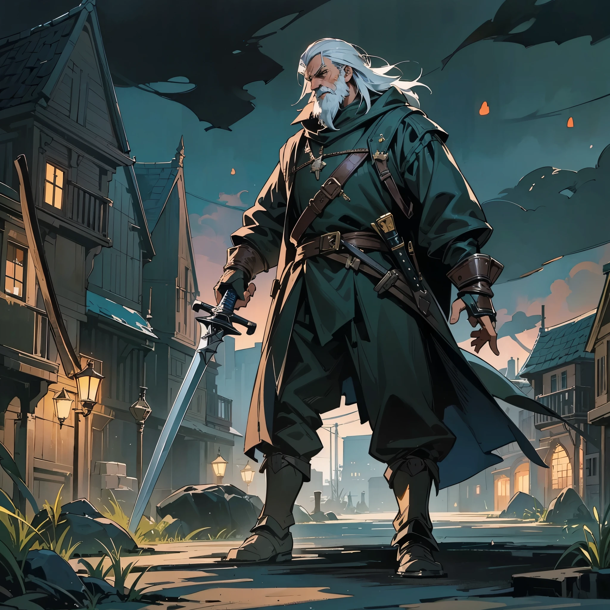 a middle-aged man，European medieval witcher，at night，Wearing a black night coat，Carrying a big sword，There&#39;s a gun stuck in his waist，Walking on a deserted street。Medium shot composition，full body picture，characters and scenes，Game concept art style，Anime illustration style，watercolor style，Marker style，high-definition，4k。