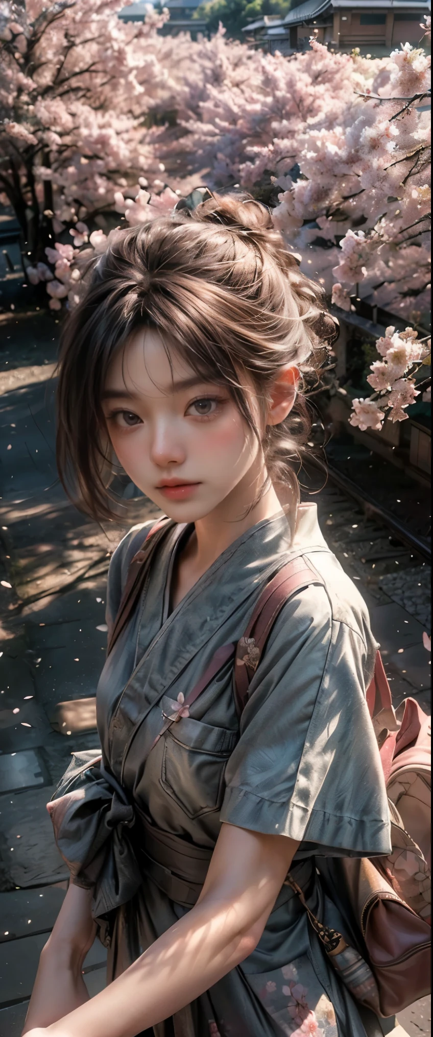 ((masterpiece, highest quality, Highest image quality, High resolution, photorealistic, Raw photo, 8K)), Spring Morning, In a rural Japanese town, students head for the train station along a road lined with cherry blossom trees, (View from above:1.3), 