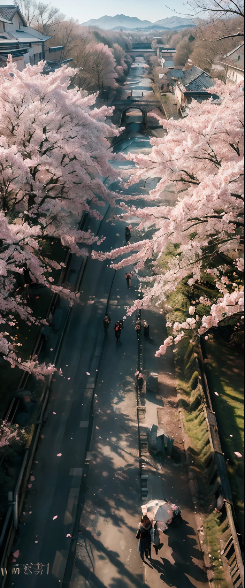 ((masterpiece, highest quality, Highest image quality, High resolution, photorealistic, Raw photo, 8K)), Spring Morning, In a rural Japanese town, students head for the train station along a road lined with cherry blossom trees, (View from above:1.3), 