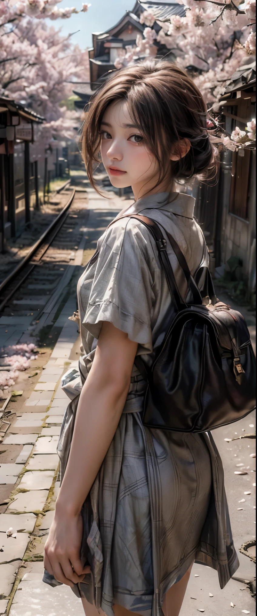 ((masterpiece, highest quality, Highest image quality, High resolution, photorealistic, Raw photo, 8K)), Spring Morning, In a rural Japanese town, students head for the train station along a road lined with cherry blossom trees, (View from below:1.3), 