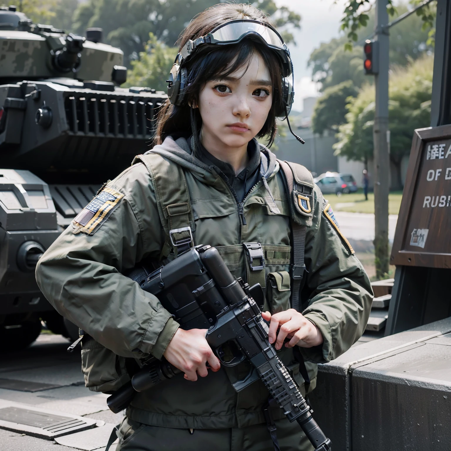 8k, RAW photo, portrait, best quality, ultra high res, photorealistic, woman in a helmet holding a gun and wearing a helmet, mechanized soldier girl, soldier girl, beautiful female soldier, infantry girl, m4 sopmod ii girls frontline, professional cosplay, military girl, inspired by Sora Aoi, with rifle, kanliu666, soldier, realistic cosplay