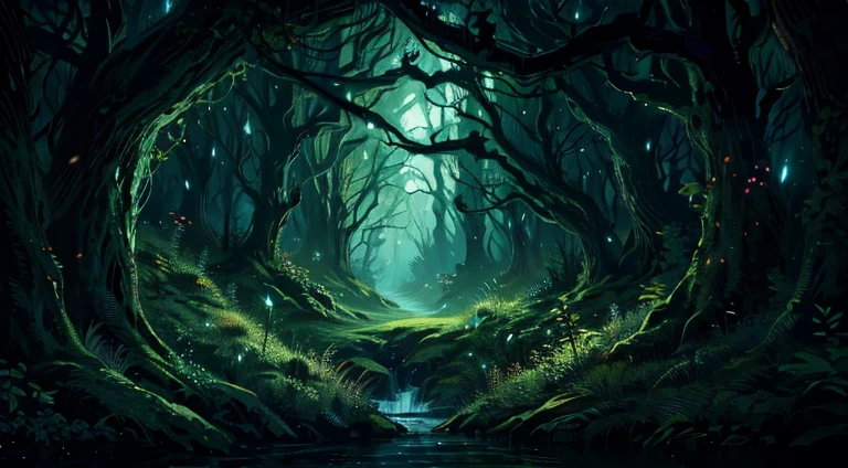 A dark forest with a stream running through it - SeaArt AI