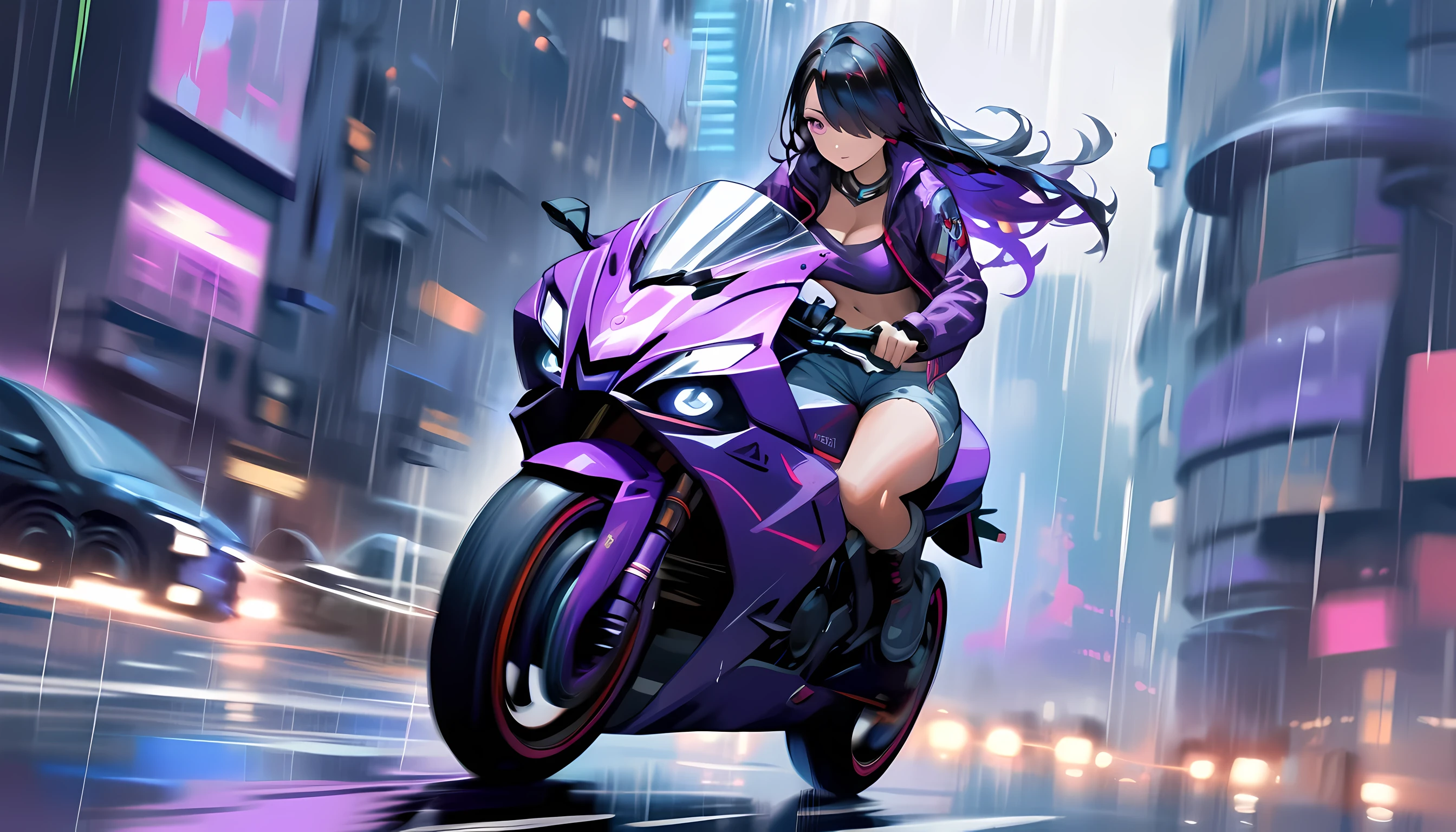 masterpiece, high quality, 1girl, solo, acheron, beautiful woman, riding purple superbike, street racing, dark gradient hair, hair over eye, (painterly style, impressionism), dynamic, cinematic, jacket, navel, motion blur, spinning wheels, raining, cyberpunk streets, light trails, shorts, riding boots, action shot, glowing