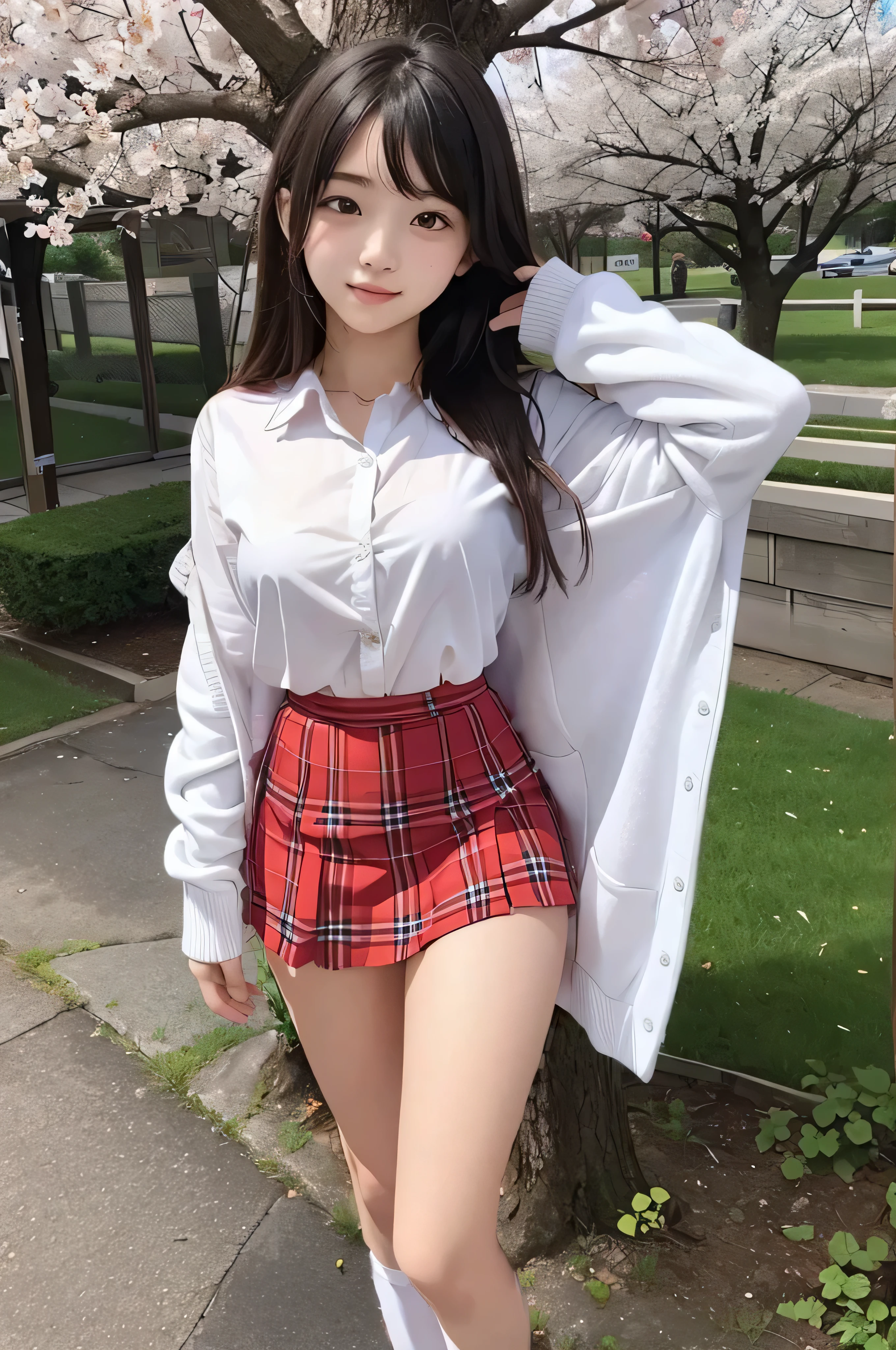 18 year old high school girl in dress shirt and red plaid miniskirt uniform