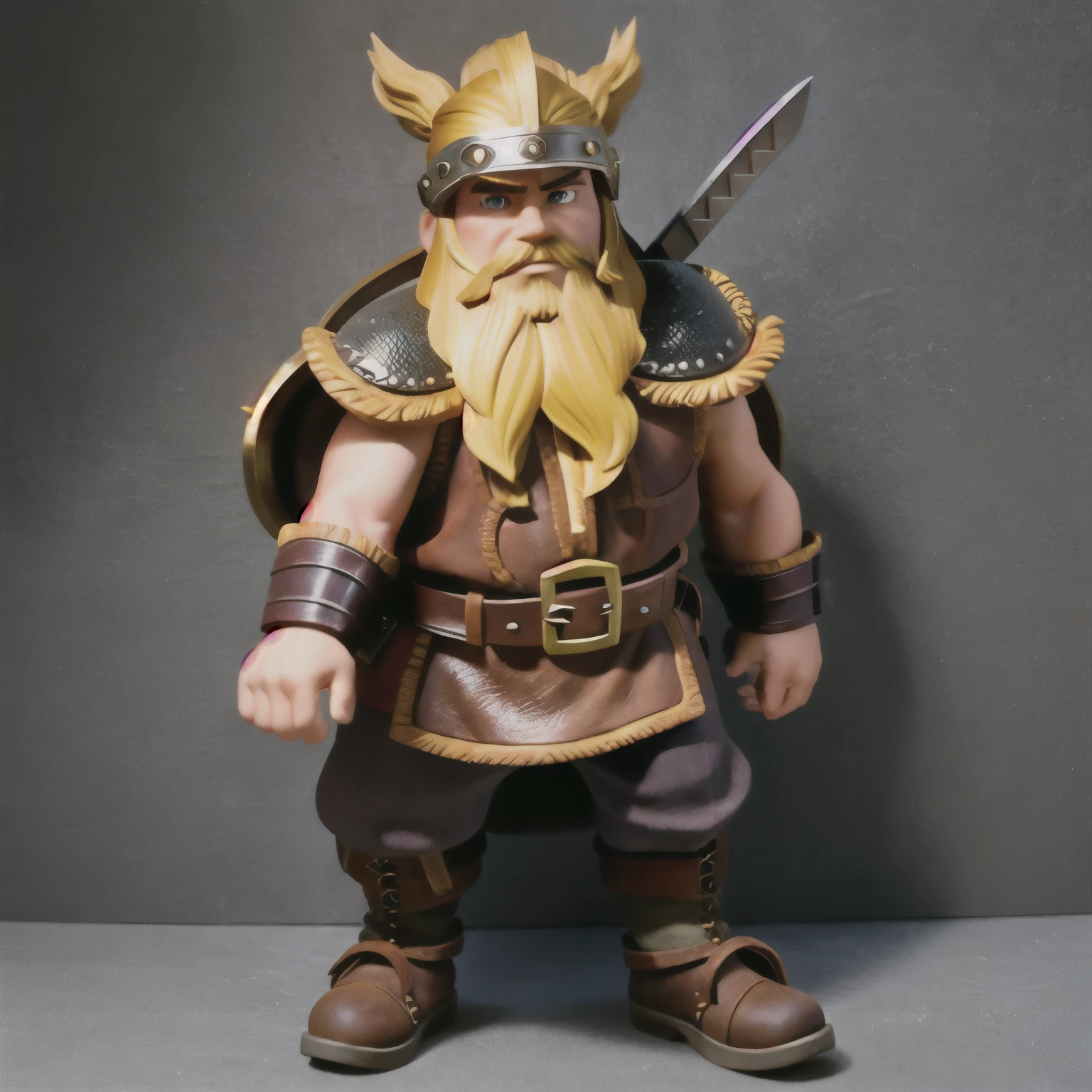 (dwarf in leather armor, iron helmet, blonde beard in braids, 3D stylized rendering, pixar style), vivid colors, sharp focus, professional, studio lighting