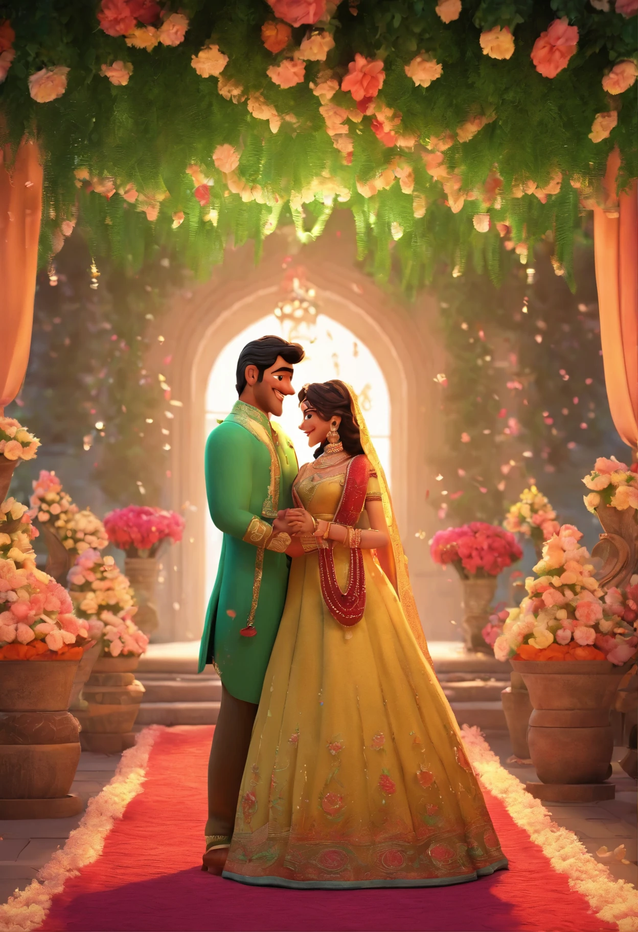 Disney pixar poster, indian wedding couple, 3D animations，Pixar， (best quality)(8k), 6ft tall groom green skin color,  short bride, flower garlands on each of them. flower decorations in background