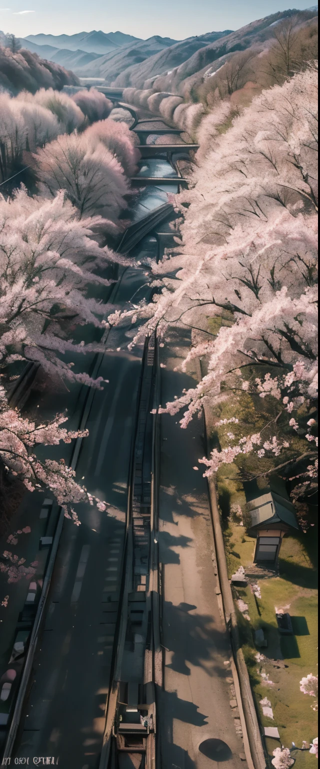((masterpiece, highest quality, Highest image quality, High resolution, photorealistic, Raw photo, 8K)), Spring Morning, In a rural Japanese town, students head for the train station along a road lined with cherry blossom trees, (View from above:1.3),