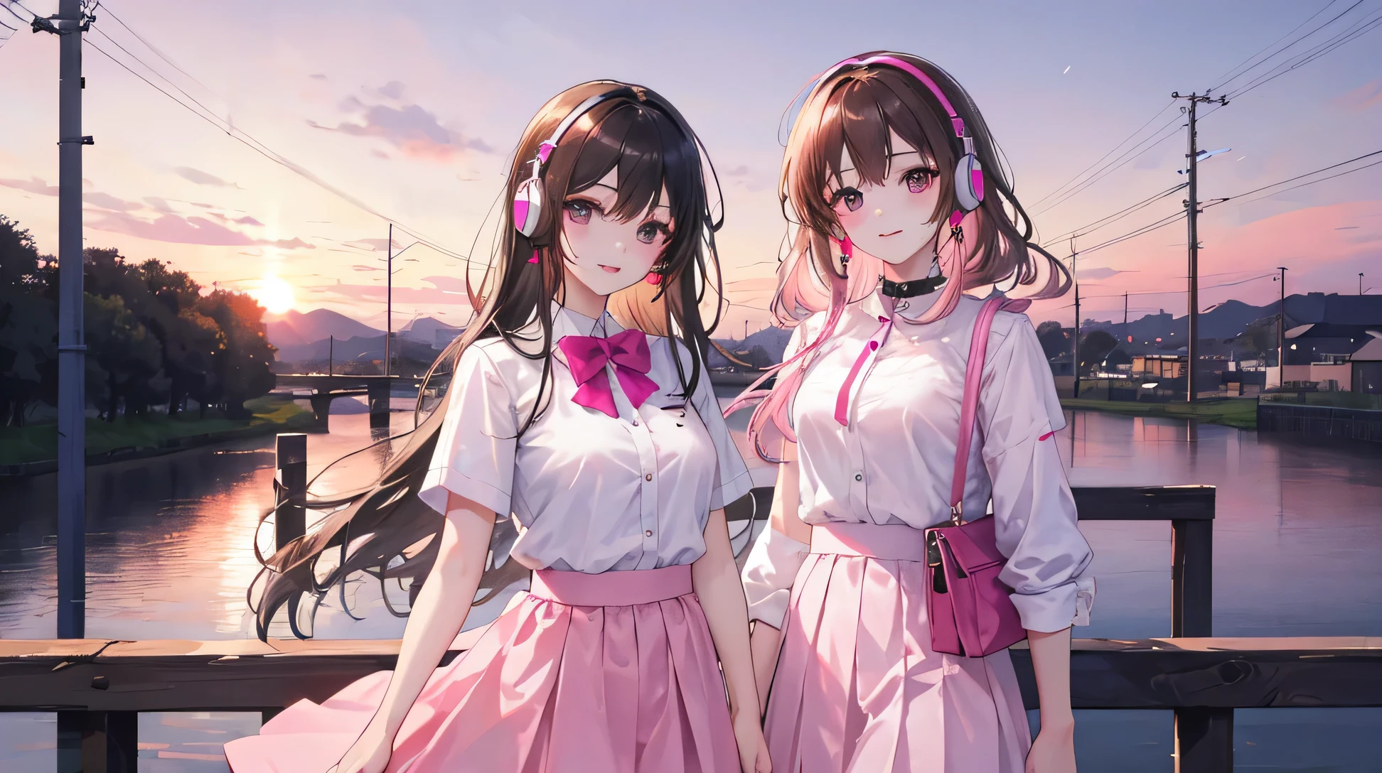 pink sunset、two women、uniform、skirt、cute、Fashionable、headphone、 River side、youth、black hair、brown hair、ice、high res, ultrasharp, 8K, masterpiece, looking at viewer, pink tone