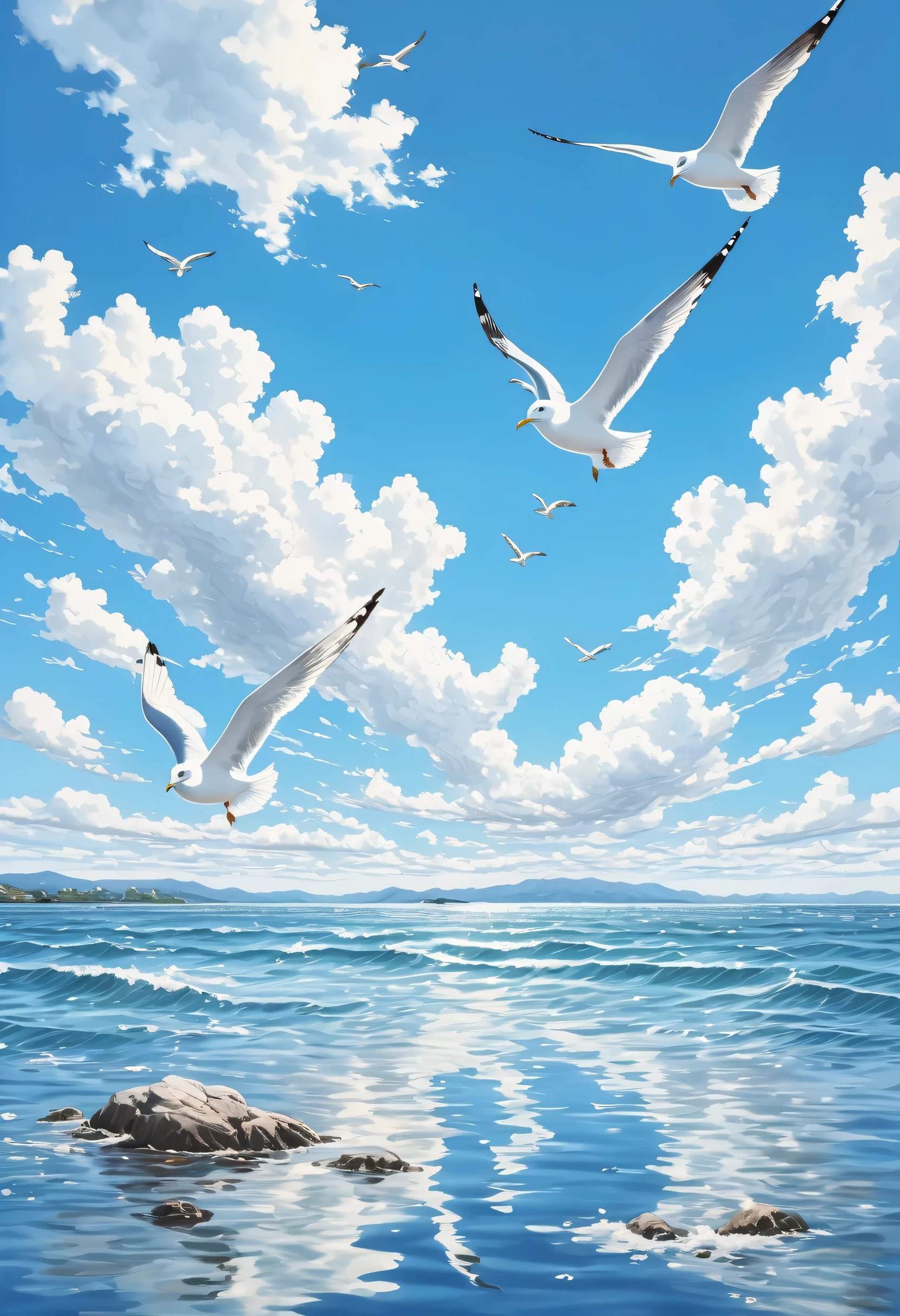 vast sea,Light blue sky,Blossoming white clouds,3 seagulls flying on the sea,Ultra-Wide Angle, Fujicolor,Hand drawn illustration style,Beautiful