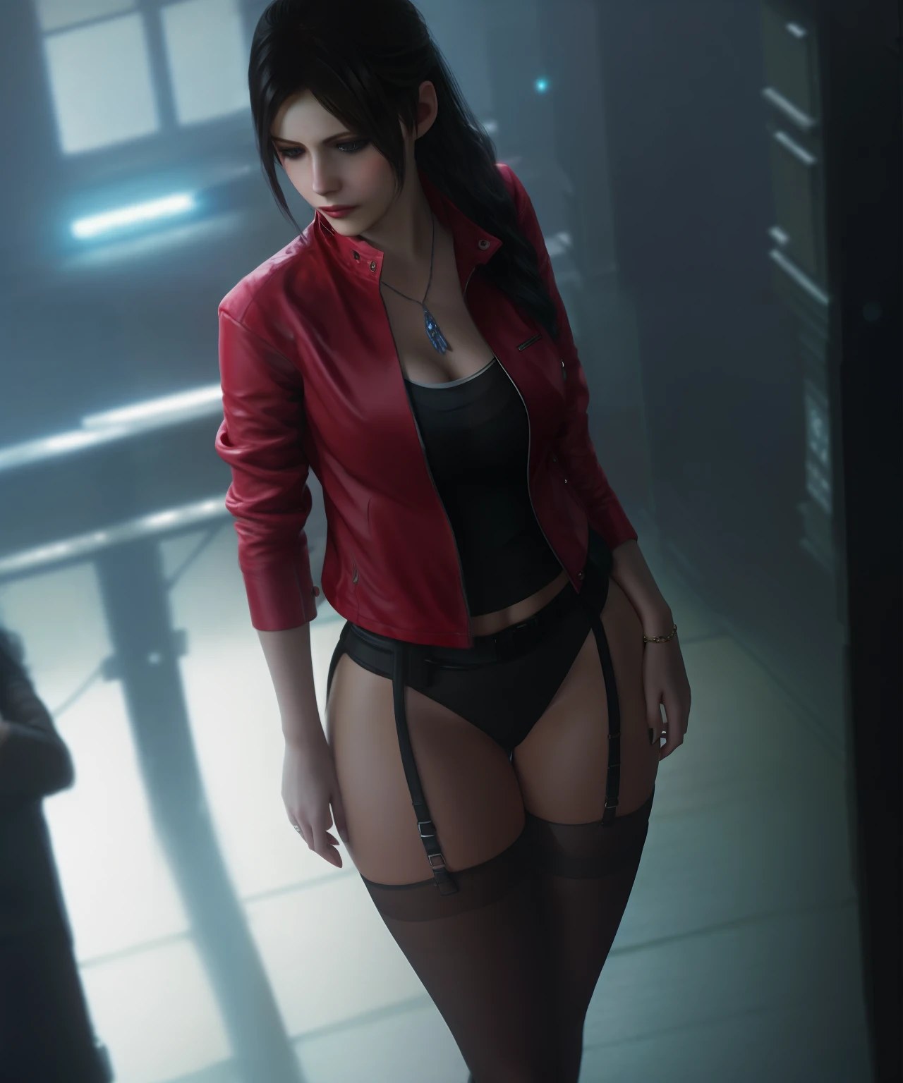 Claire Redfield, a cute woman, in black lace lingerie, lace stockings, open red jacket, busty, sexy, perfect body, perfect figure, perfect lighting, posing, by conor harrington, (looking at viewer:1.1) (from above:1.1), (Cyberpunk), futuristic, neon, urban, dystopian, cyberpunk, in heavy raining futuristic tokyo rooftop cyberpunk night, sci-fi, fantasy, intricate, very very beautiful, elegant, neon light, highly detailed, digital painting, artstation, concept art, soft light, hdri, smooth, sharp focus, illustration, art by tian zi and craig mullins and wlop and alphonse mucha, 