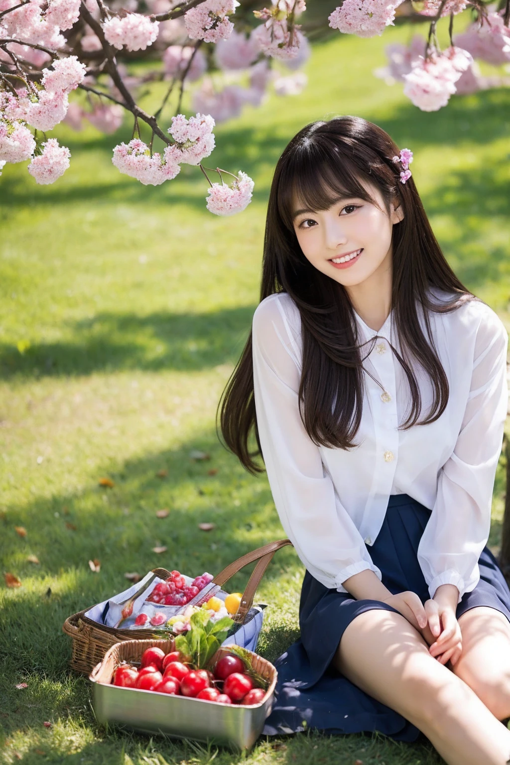 NSFW,8K、highest quality、masterpiece、超A high resolution、photograph、The elegance of beautiful Japanese women、Single-lens reflex camera、There are some good ones too、A transparent atmosphere、sexy lip、slanted bangs、beautiful face、medium long hair、make bangs、smile、natural soft light、22 year old girl wearing a suit、wear a skirt、bank、Cherry tree,sitting on a picnic sheet,legs open,
