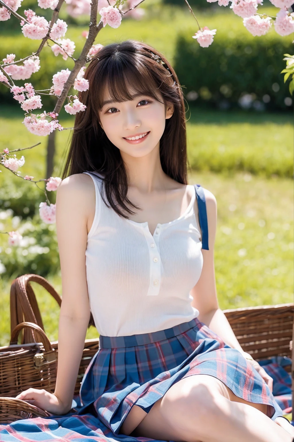 NSFW,8K、highest quality、masterpiece、超A high resolution、photograph、The elegance of beautiful Japanese women、Single-lens reflex camera、There are some good ones too、A transparent atmosphere、sexy lip、slanted bangs、beautiful face、medium long hair、make bangs、shy、natural soft light、22 year old girl wearing a suit、wear a skirt、bank、Cherry tree,sitting on a picnic sheet,legs open,