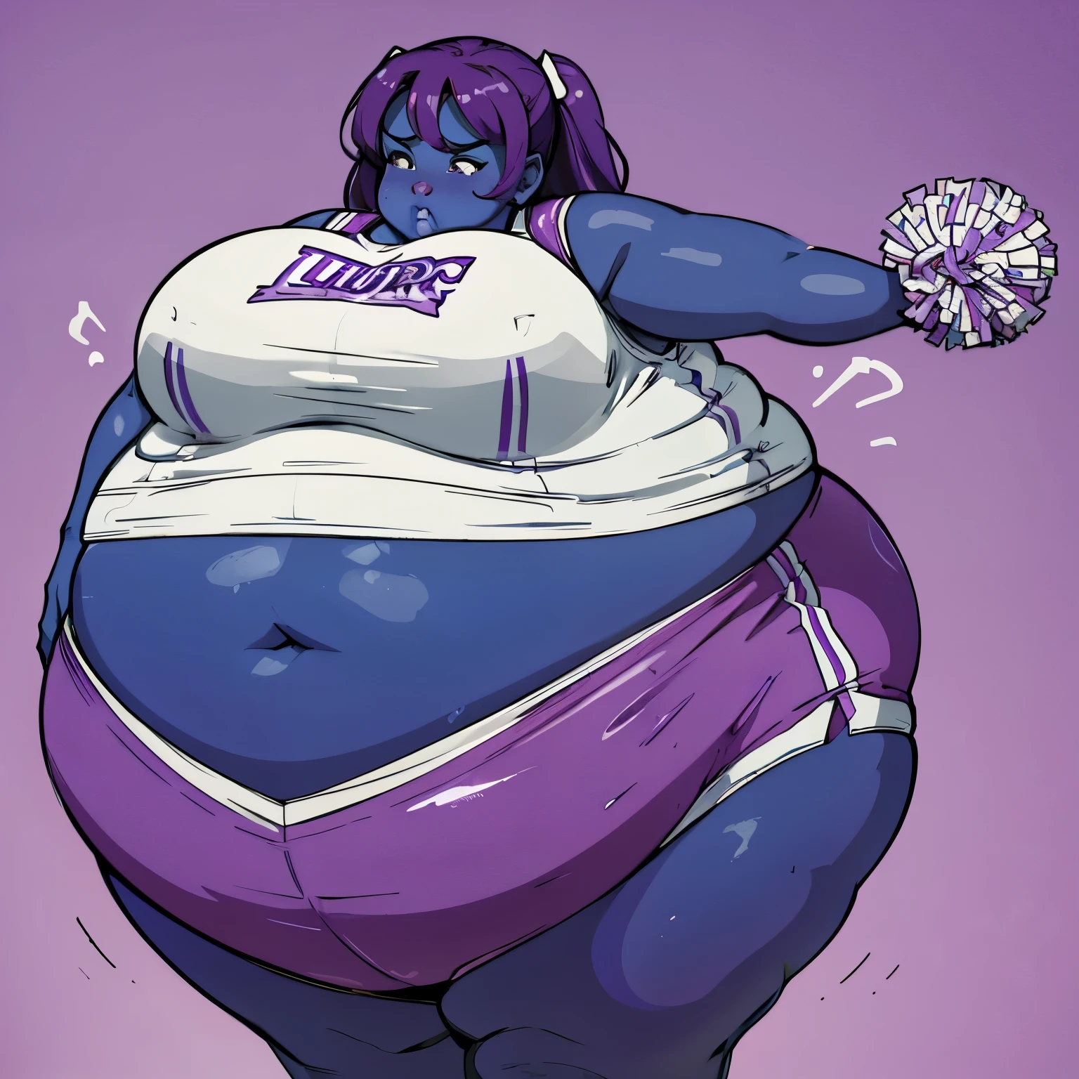 Cheerleader that has been inflated into a giant, purple, swollen, distended, juicy blueberry girl. Her skin is taut and stretched, and her outfit has been stretched tight against her massively swollen body. Her body is not a near perfect sphere almost 20 feet in diameter