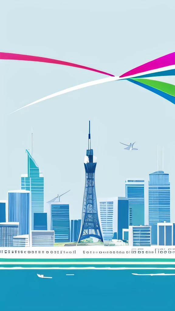 blue background,The city is surrounded by rainbows,A white crane spreads its wings and flies,Clean and bright,minimalist composition,Leave blank space for ancient charm