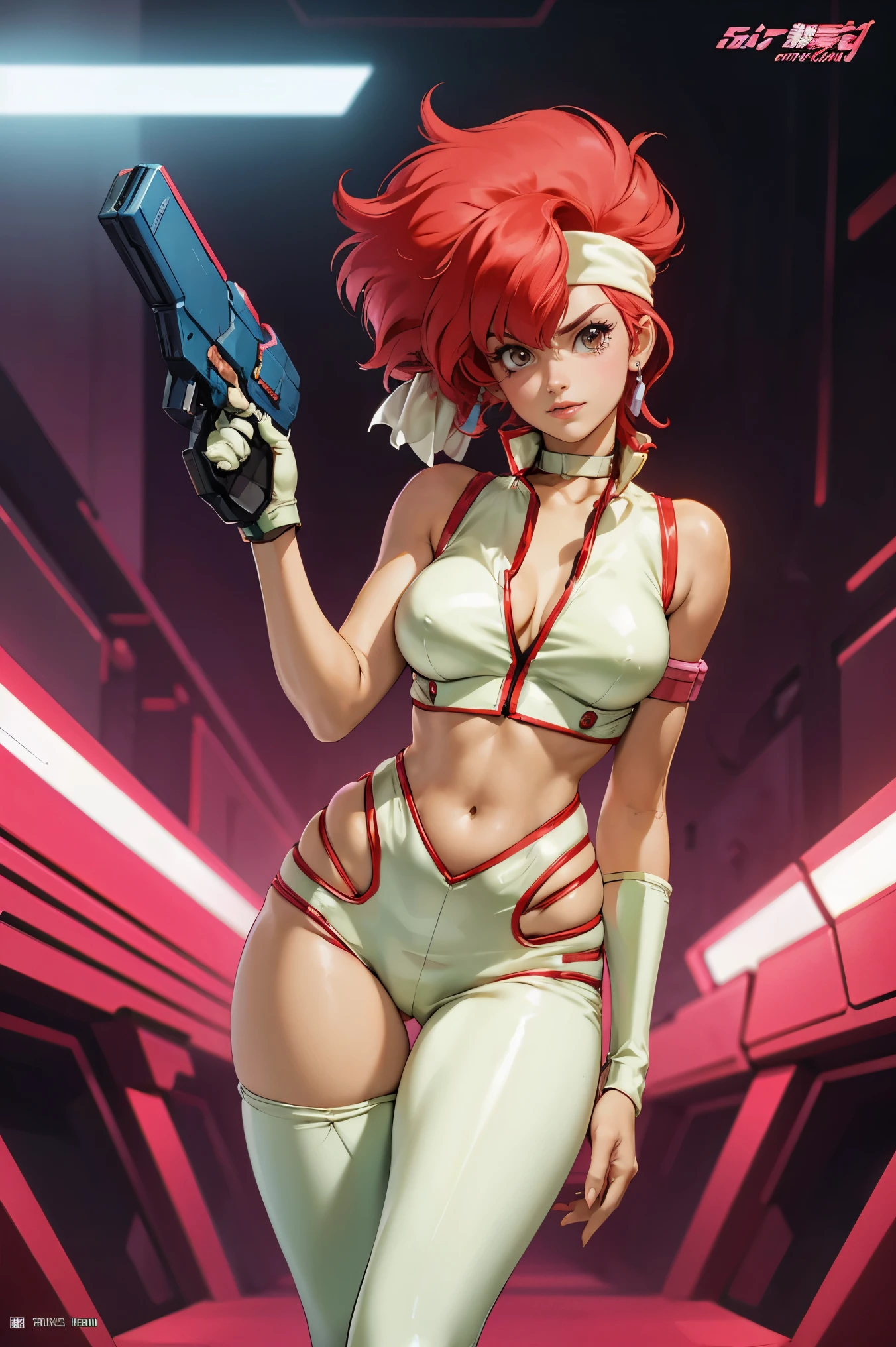 Kei from The Dirty Pair, , wearing a tight outfit, skimpy, medium breast, red hair beauty, cyberpunk city background, holding retro space-gun, headband, slim waist, slim thighs, thigh gap