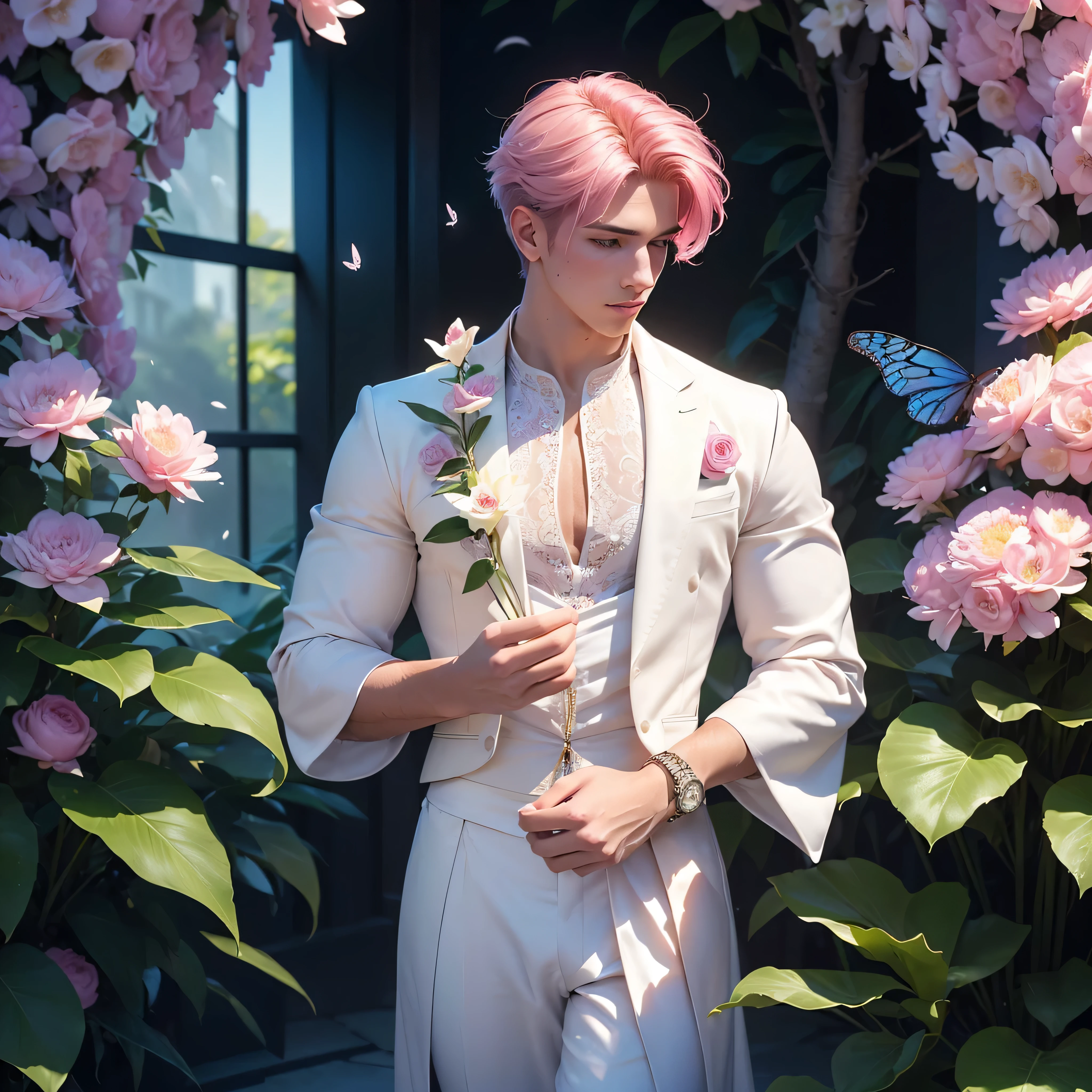 (Obra maestra)), ((Mejor calidad:1.2)), high resolution, 8K, (ultra_realista:1.3), (photorealista:1.4), (Plantilla de Instagram, elegante:1.2), young man 20 years old, pink hair, dressed in white silk clothing, surrounded by flowers and butterflies of many colors, looking in profile, multicolored background