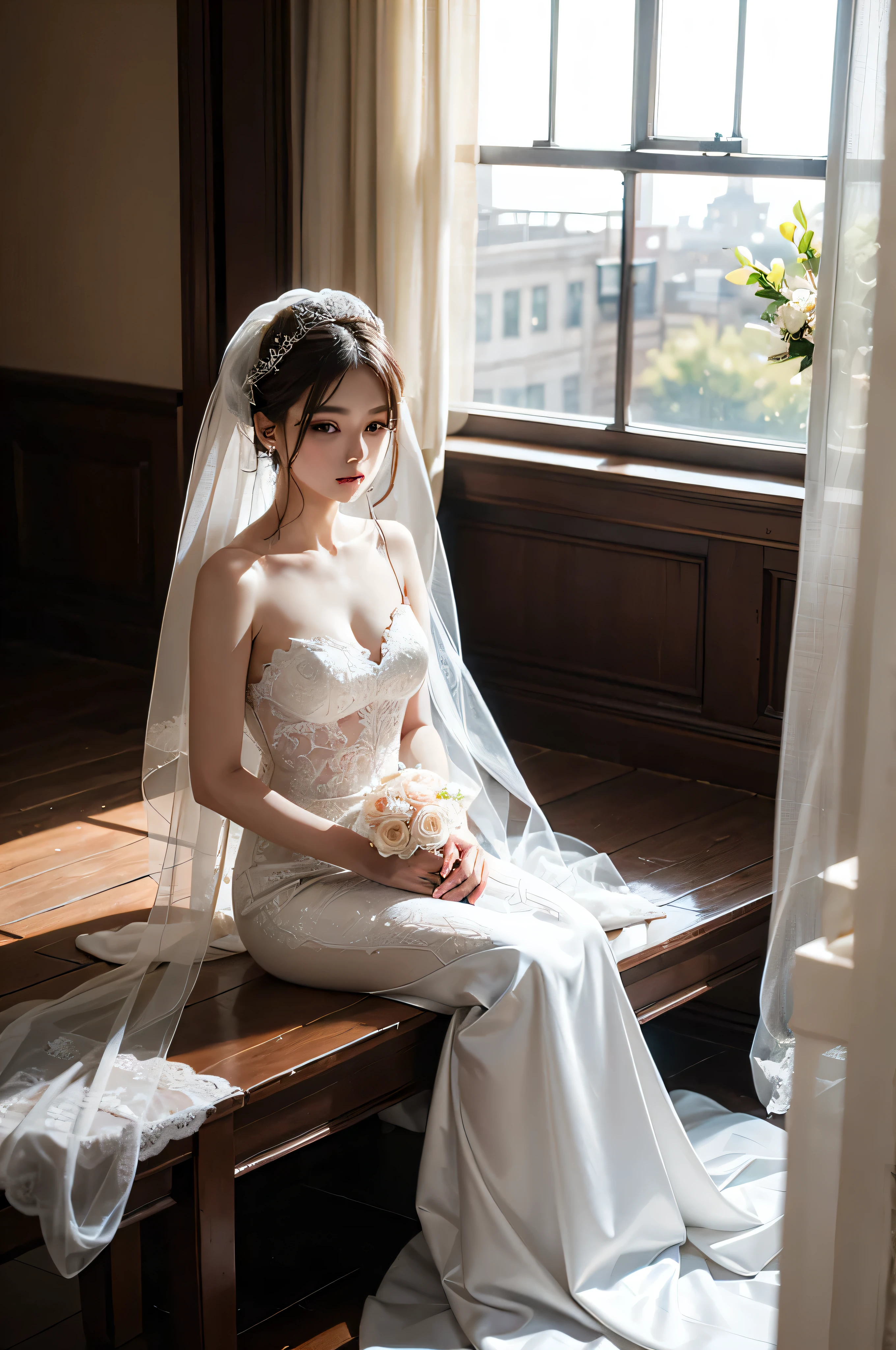 ((best quality)), ((masterpiece)), (detailed), perfect face, Araffed woman sitting in wedding dress, korean beauty, Pure white elegant wedding dress, Veil reaching to the floor, Sunlight shining on white curtains, different actions,