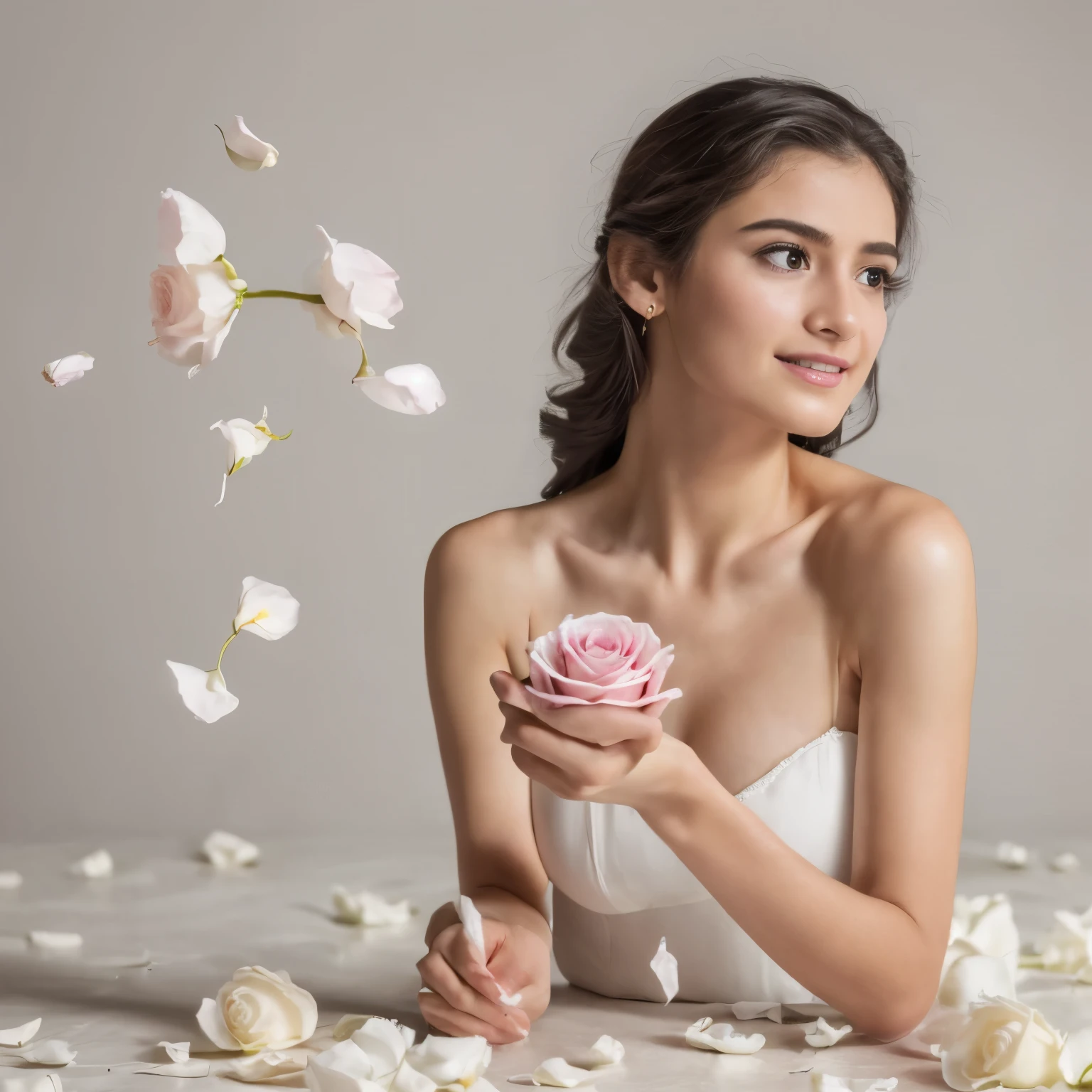 (best quality, 4k, highres, masterpiece:1.2), ultra-detailed,r ealistic, portrait, soft lighting, white rose in milk, exploding petals, blurry background, subtle colors