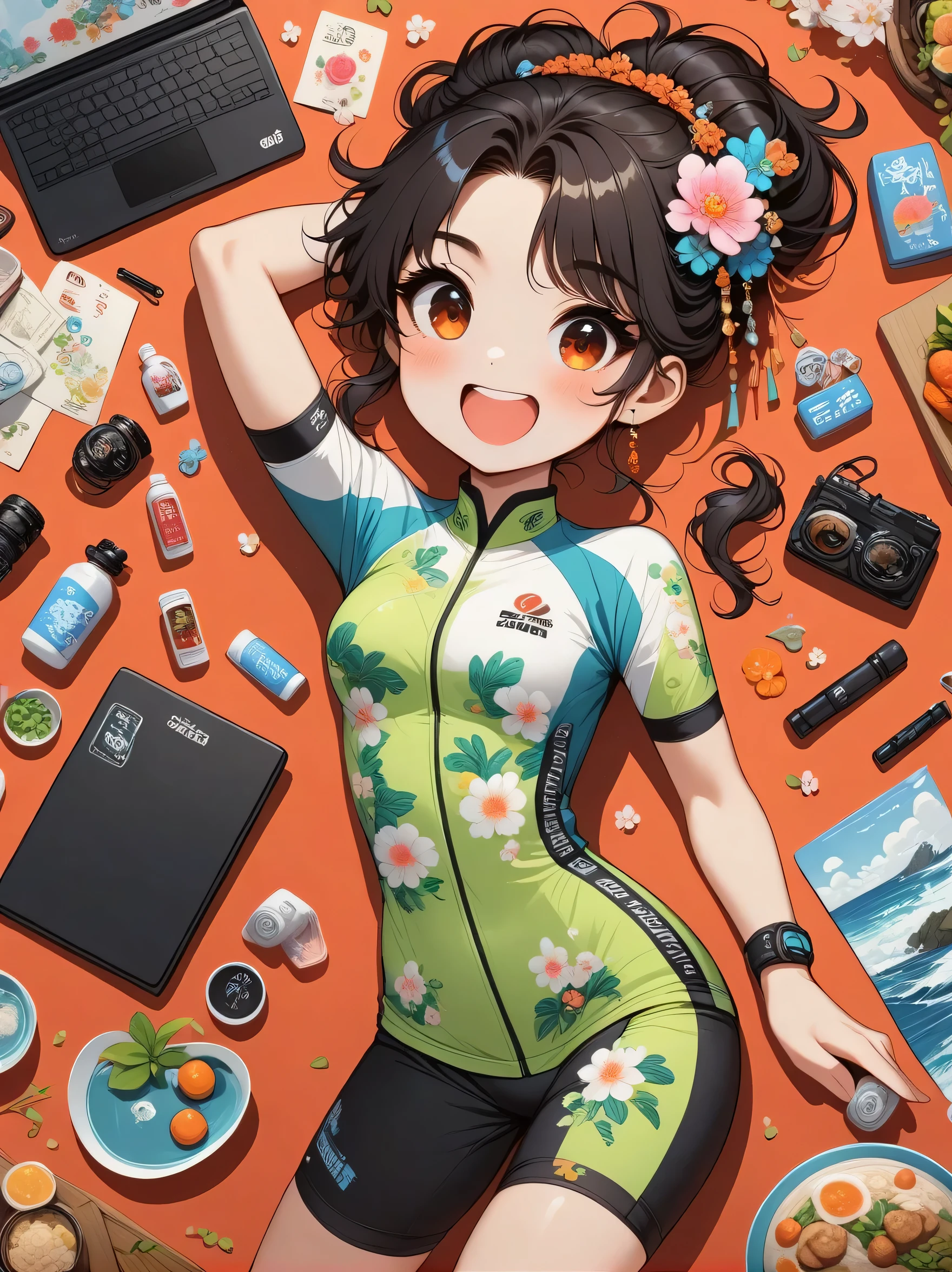 Asian face young girl, laughing expressin, Perfect body, road bike clothing, gear and accessories, knolling layout organized on a table, person,knolling, Cartoon, pure red background