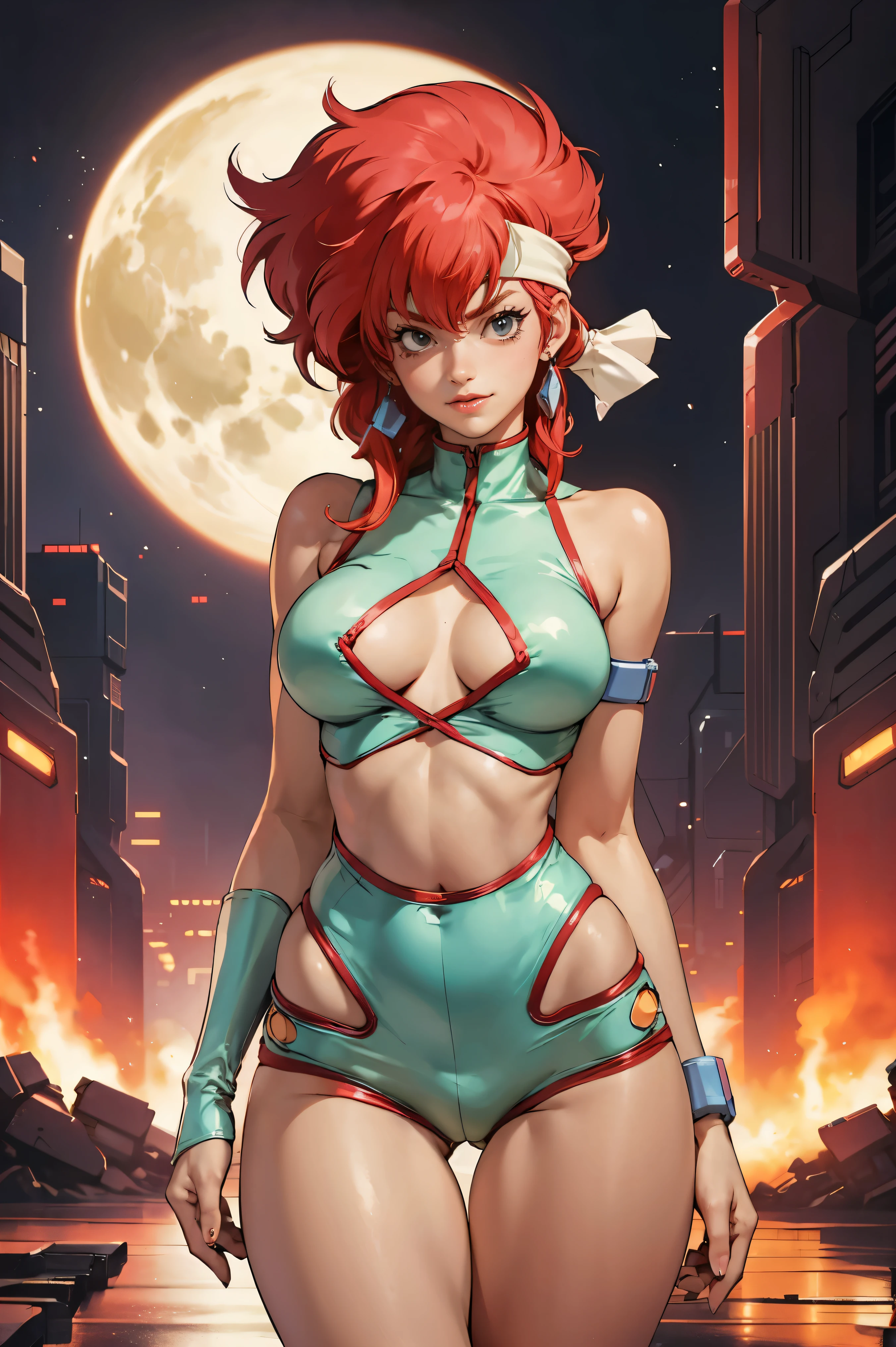 Kei from The Dirty Pair, , wearing a tight outfit, skimpy, medium breast, red hair beauty, cyberpunk city background, holding retro space-gun, headband, slim waist, slim thighs, thigh gap