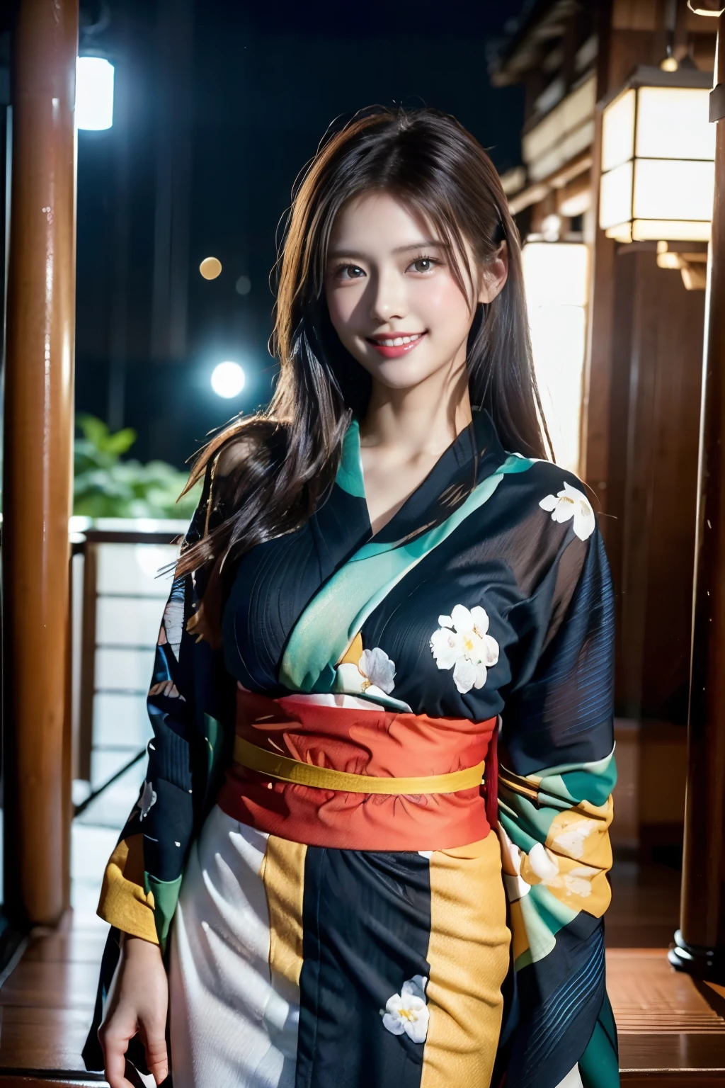 arafed asian woman in Tokyo Shinjuku, ((at night)), (((single full body shot)), ((detailed kimono)),with a smile on her face, xintong chen, gorgeous young korean woman, tzuyu from twice, jaeyeon nam, realistic young gravure idol, beautiful young korean woman, wenfei ye, xision wu, korean girl, girl cute-fine-face, Yoshitomo Nara,((((beautiful realistic skin:1.3))), ultra high definition ,model figure,