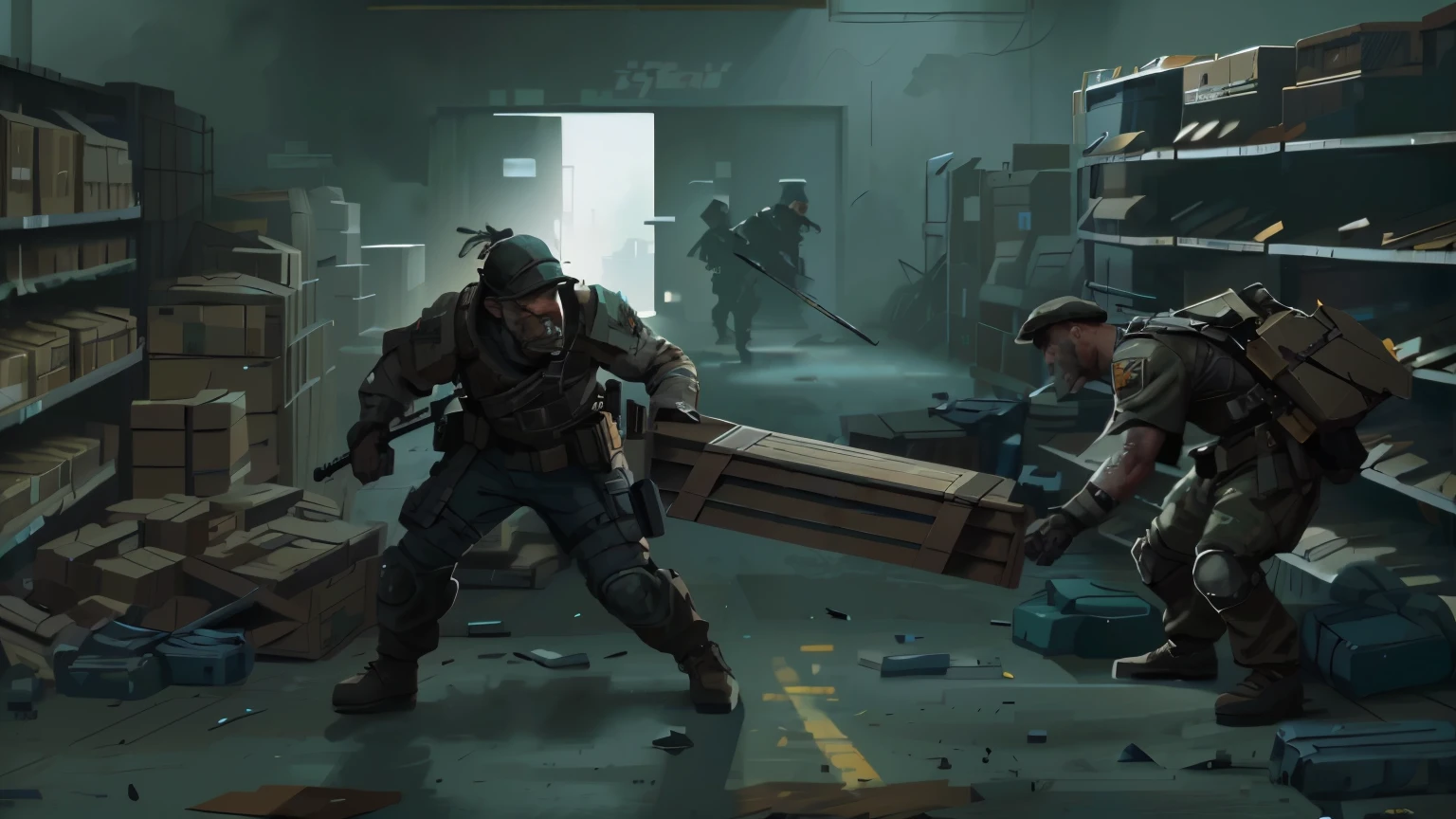 soldiers in a warehouse with a large box of food, fps game concept art, concept art like ernest khalimov, detailed game art illustration, game illustration, an escalating violent firefight, realistic apocalyptic war scene, concept art for a video game, squad fighting enemy, photorealistic dark concept art, fps game concept, combat scene, game concept art, detailed game art