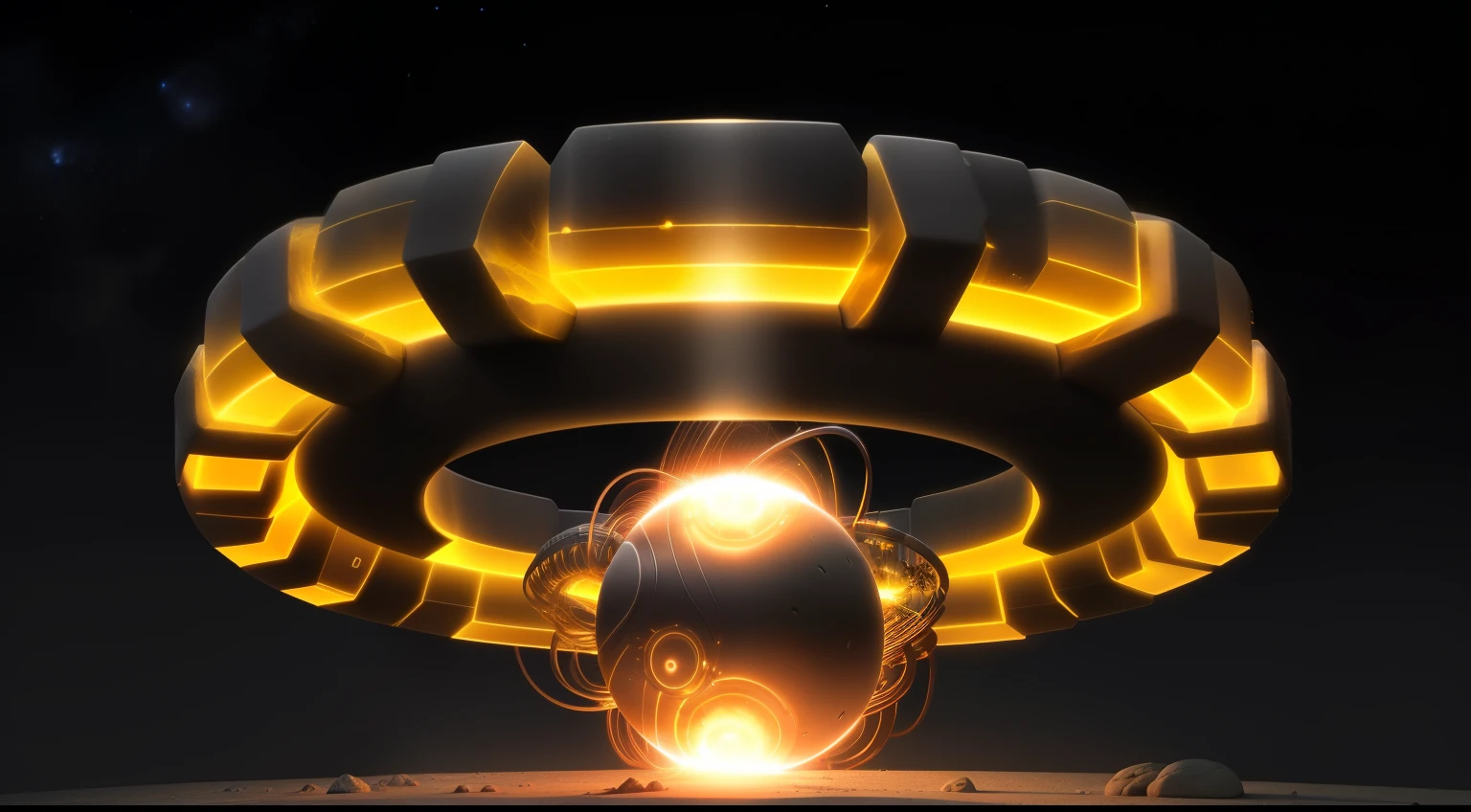 Tokamak, ring structure,magnetic field lines,glow,Suspended on stone,Alien Technology