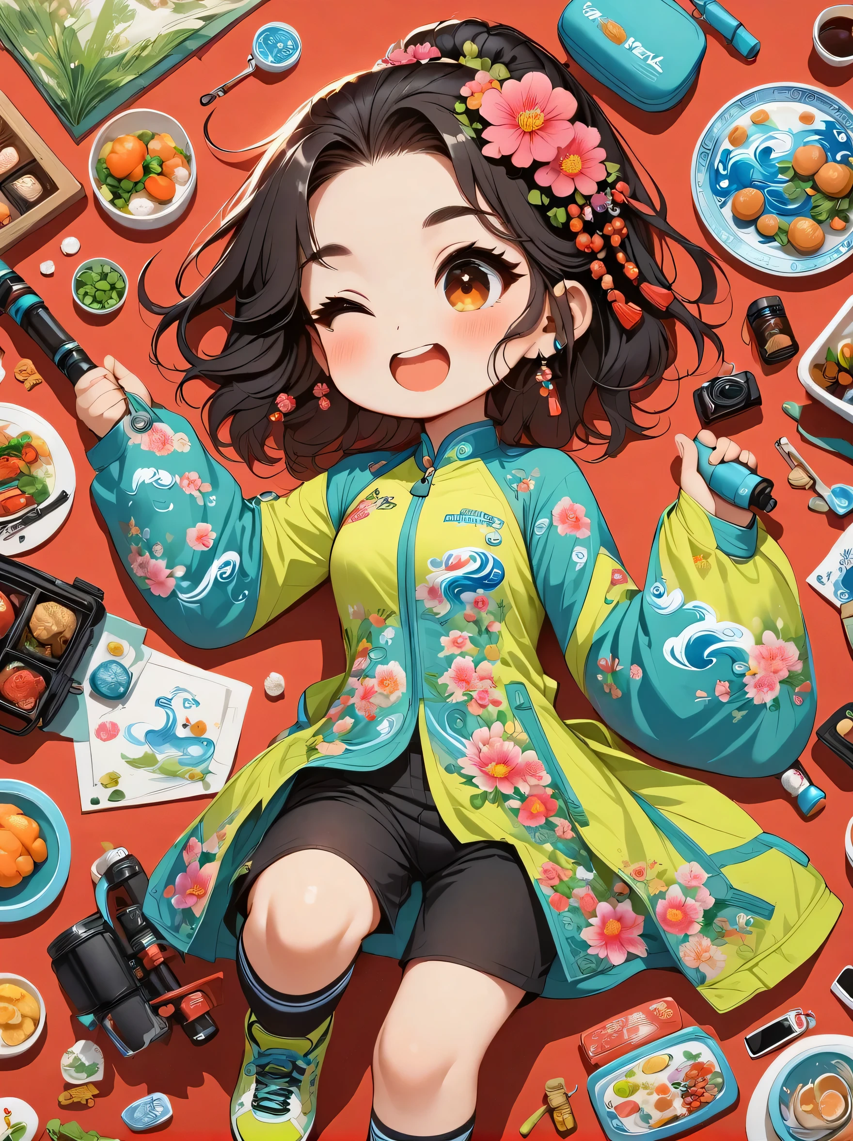 Asian face young girl,laughing expressin,Perfect body,road bike clothing,gear and
accessories,knolling layout organized on a table,person,knolling, Cartoon, pure red background