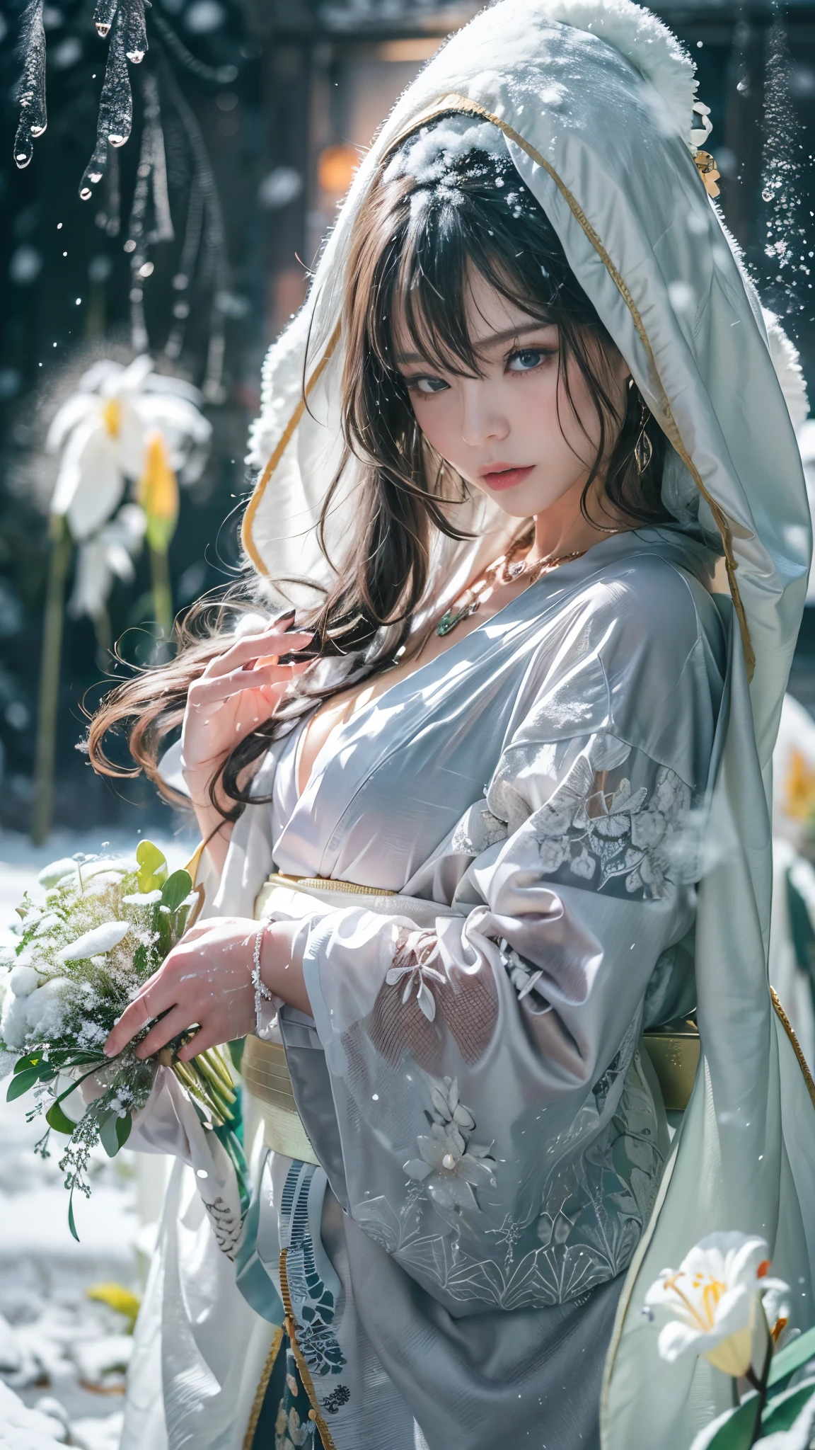 (RAW shooting, Photoreal:1.5, 8K, highest quality, masterpiece, ultra high resolution), ((((heavy snow, Blizzard)))), Highly detailed skin and facial textures:1.3, perfect dynamic composition:1.2, (In front of a shrine at night in a modern city, expression of sadness:1.0, Tears are flowing:1.0, cry with a broken heart:1.0), Slim office lady wet in the rain:1.3, cowboy shot, Fair skin:1.2, sexy beauty:1.1, perfect style:1.2, beautiful and aesthetic:1.1, very beautiful face:1.2, water droplets on the skin, (rain drips all over my body:1.2, wet body:1.2, wet hair:1.3), (Professional kimono dressing:1.1, Holding a bouquet of wet lilies:1.2, How to wear a wet pure white kimono properly:1.3), (Medium chest, Bra is transparent, Chest gap),  (Eyes that feel beautiful eros:0.8, Too erotic:0.8, Bewitching:0.8), necklace, earrings, bracelet, wedding ring, Highly detailed hand and finger expressions