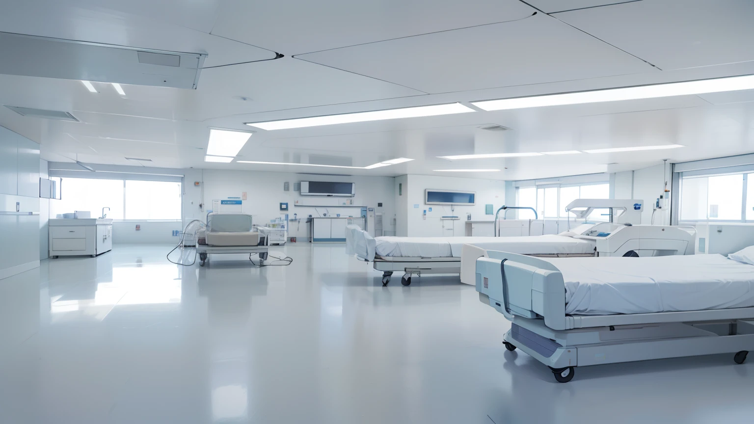arafed hospital room with beds and medical equipment in it, Sterile minimalist room, Clean medical environment, hospital interior, hospital room, hospital ward, hospital background, medical lighting, hospital lighting, hospital, Tidy up the room, inside an ornate hospital room, operating room, ornate hospital room, operating room, emergency room, in hospital bed, Sterile background