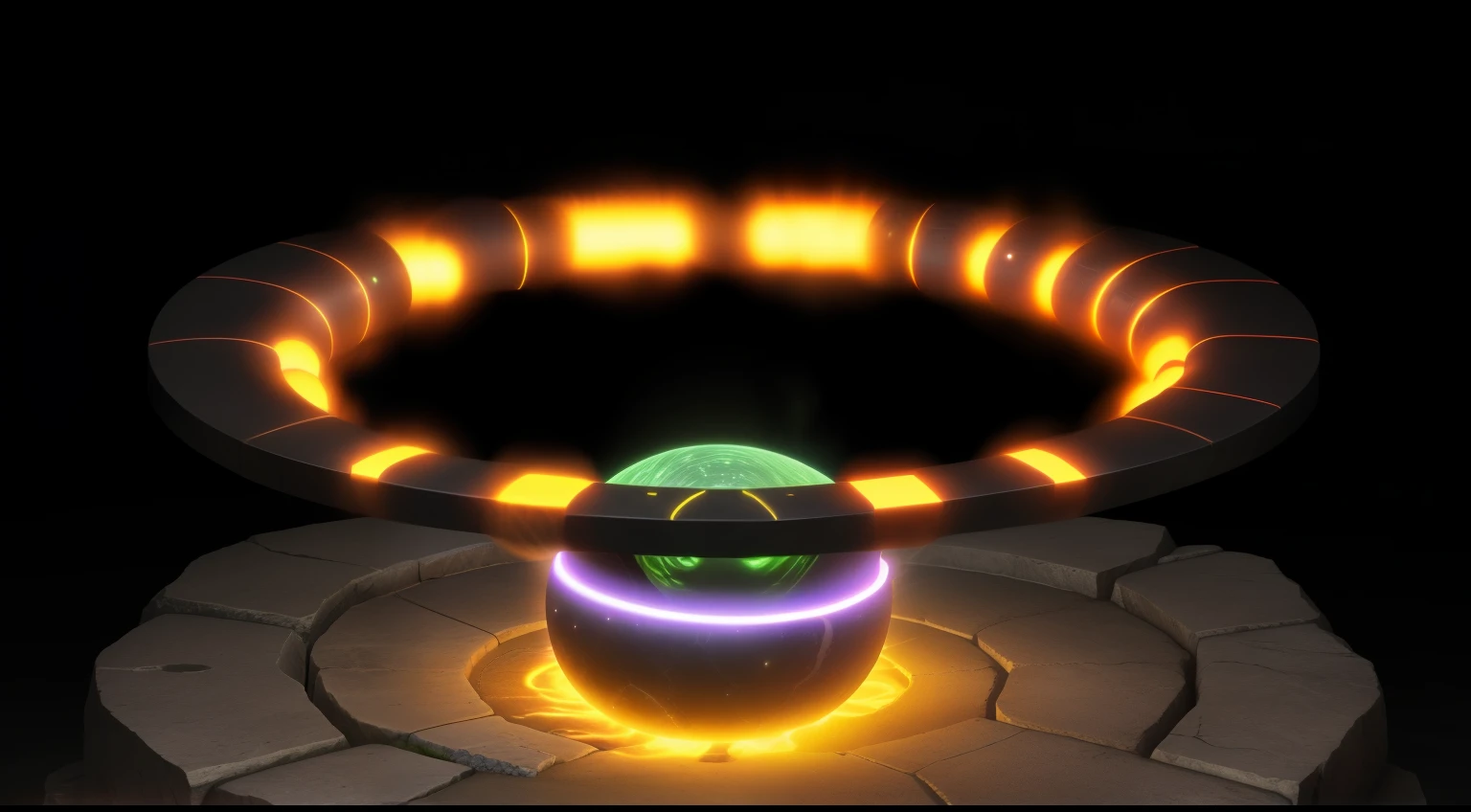 Tokamak, ring structure,magnetic field lines,glow,Suspended on stone,Alien Technology