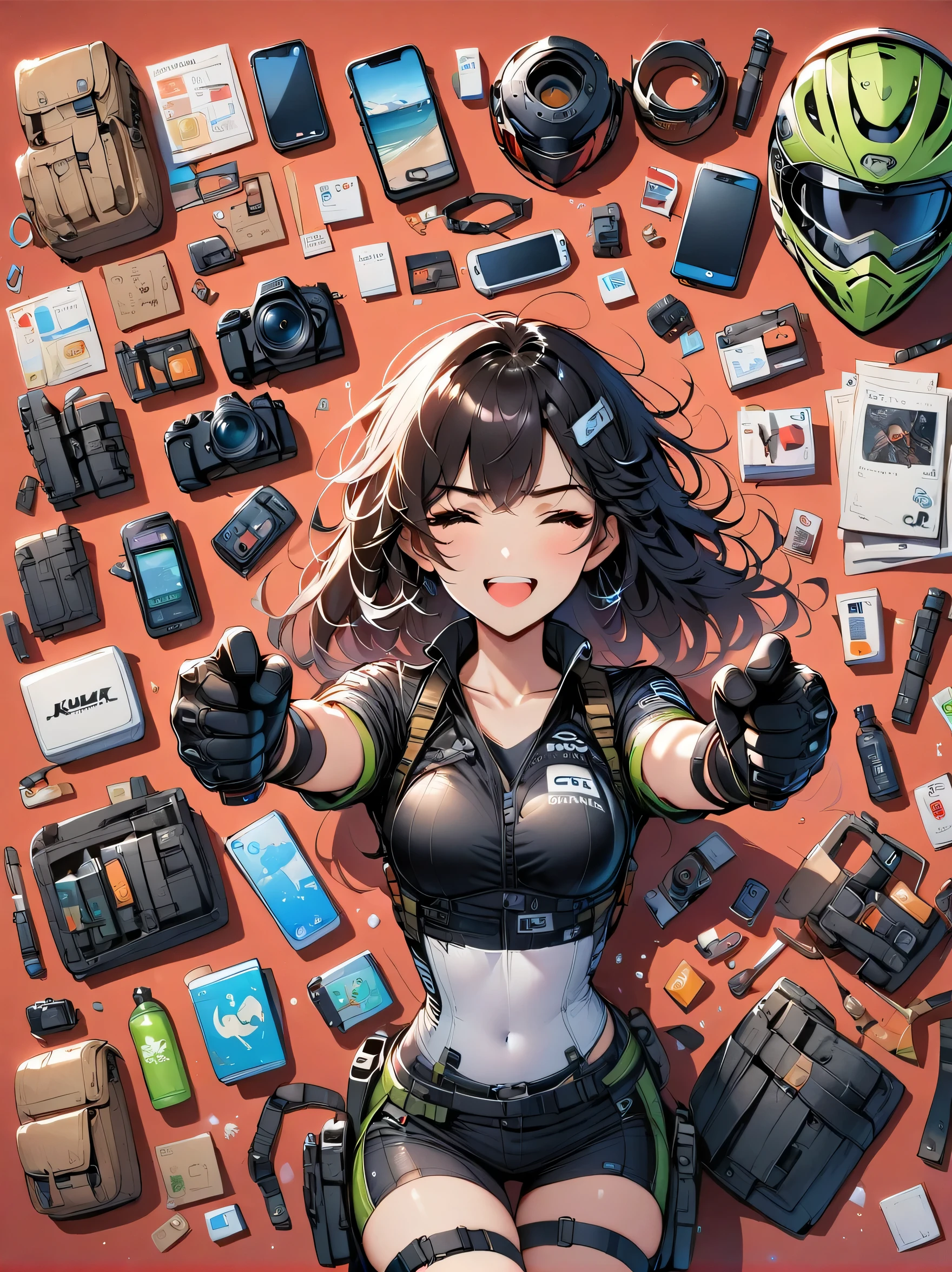 Asian face young girl,laughing expressin,Perfect body,road bike clothing,gear and
accessories,knolling layout organized on a table,person,knolling, Cartoon, pure red background