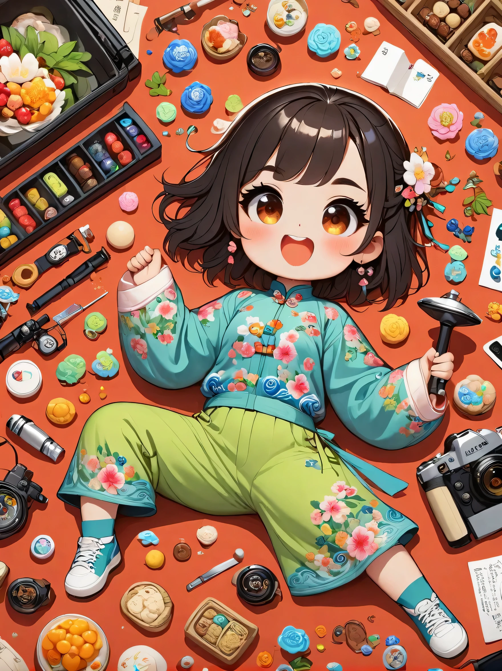 Asian face young girl,laughing expressin,Perfect body,road bike clothing,gear and
accessories,knolling layout organized on a table,person,knolling, Cartoon, pure red background