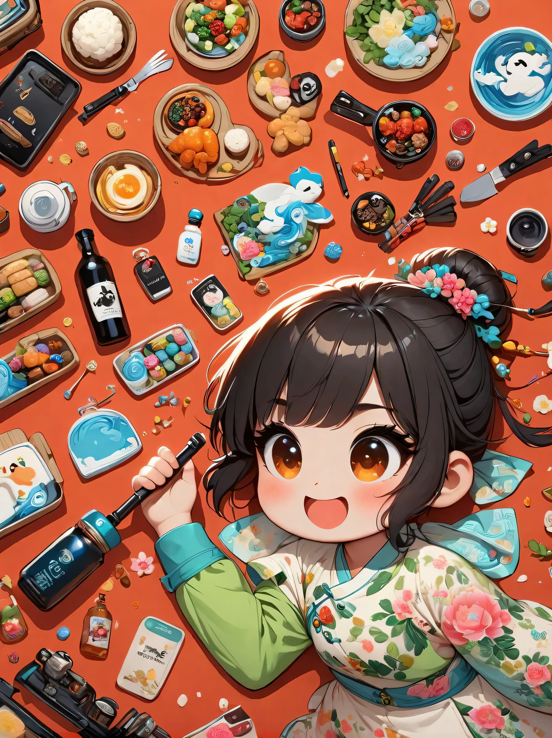 Asian face young girl,laughing expressin,Perfect body,road bike clothing,gear and
accessories,knolling layout organized on a table,person,knolling, Cartoon, pure red background