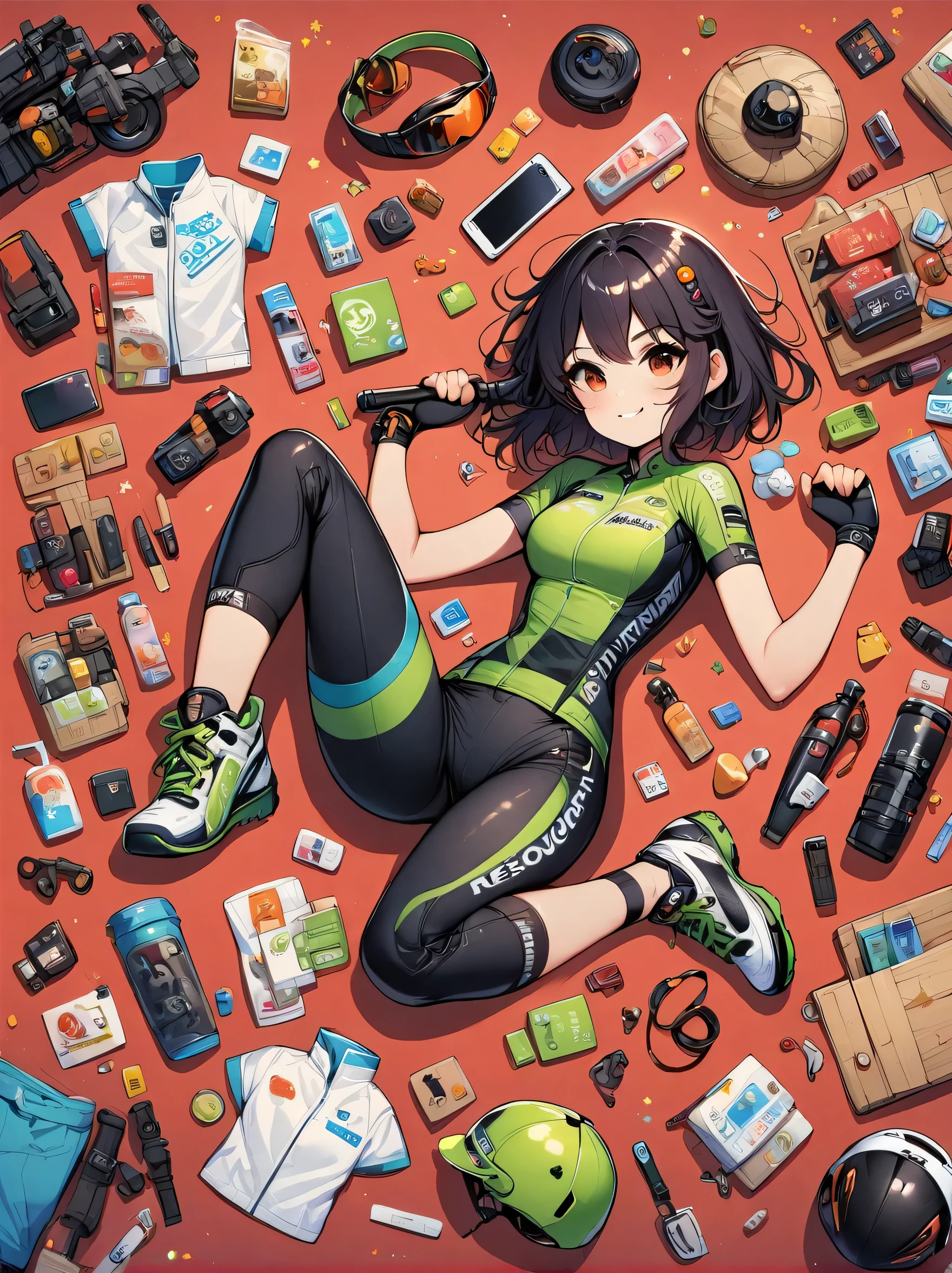 Asian face young girl,laughing expressin,Perfect body,road bike clothing,gear and
accessories,knolling layout organized on a table,person,knolling, Cartoon, pure red background