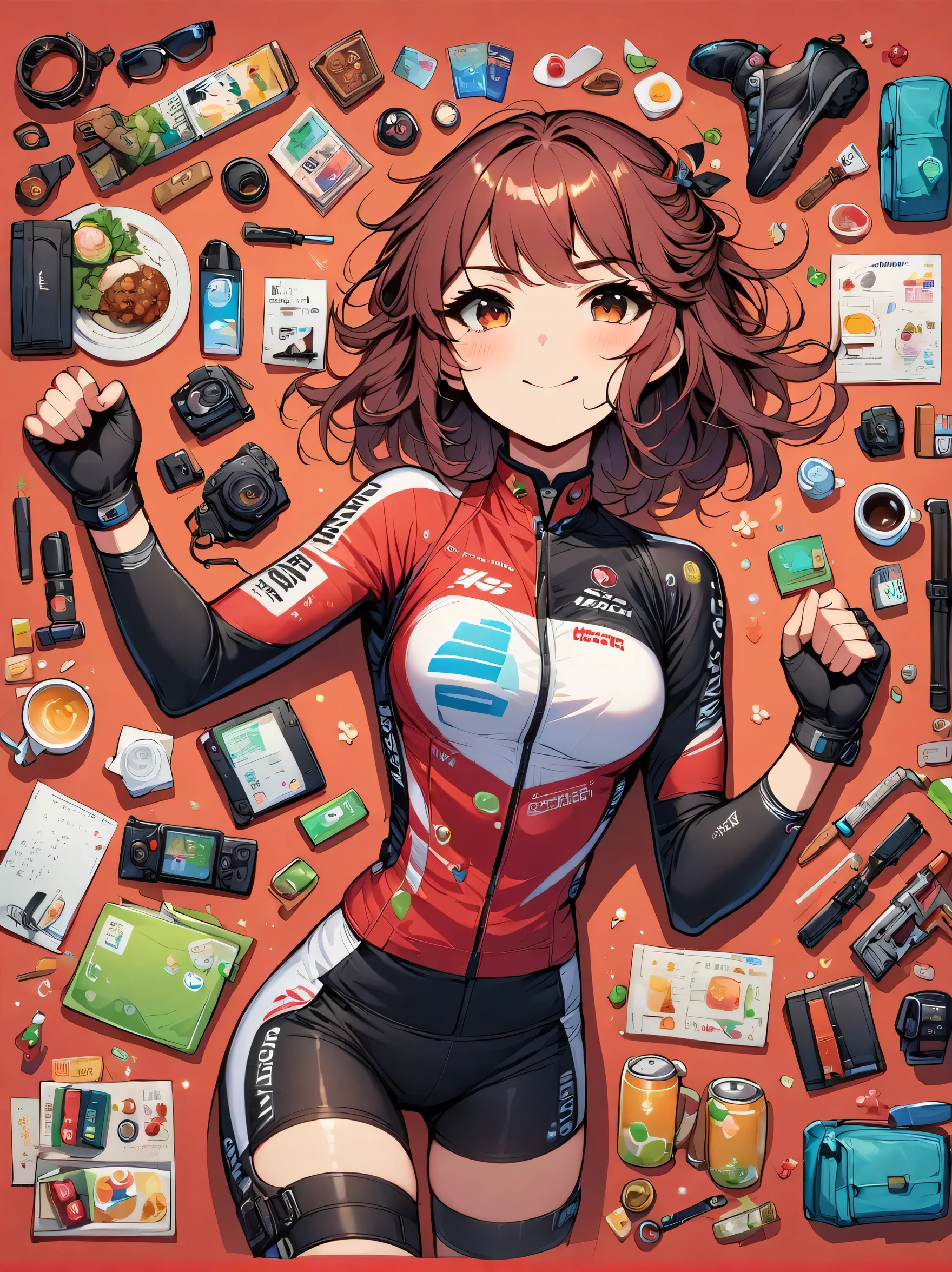 Asian face young girl,laughing expressin,Perfect body,road bike clothing,gear and
accessories,knolling layout organized on a table,person,knolling, Cartoon, pure red background