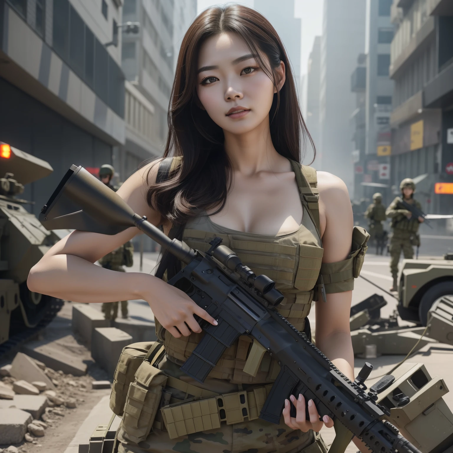 arafed woman in a military outfit holding a rifle in a city, mechanized soldier girl, with rifle, korean girl, soldier girl, m4 sopmod ii girls frontline, beautiful south korean woman, cinematic —ar 16:9, infantry girl, beautiful female soldier, korean woman, jaeyeon nam, wojtek fus