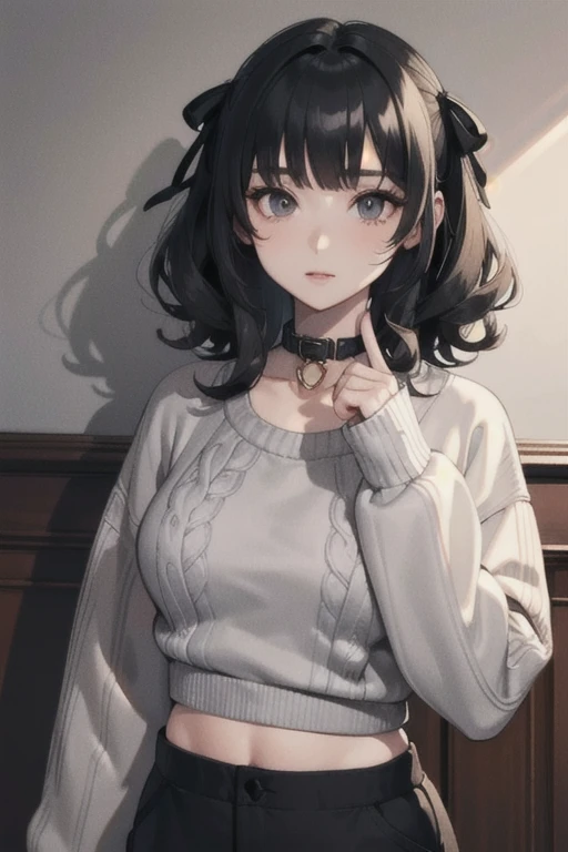 (best quality, masterpiece:1.1), (Intricate detailed:1.2),   upper body,     1girl, desired face, grey hair, medium hair, curly hair,   quin tails,  black colored hair ribbon,   sweater, crop sweater, collar, cargo pants,